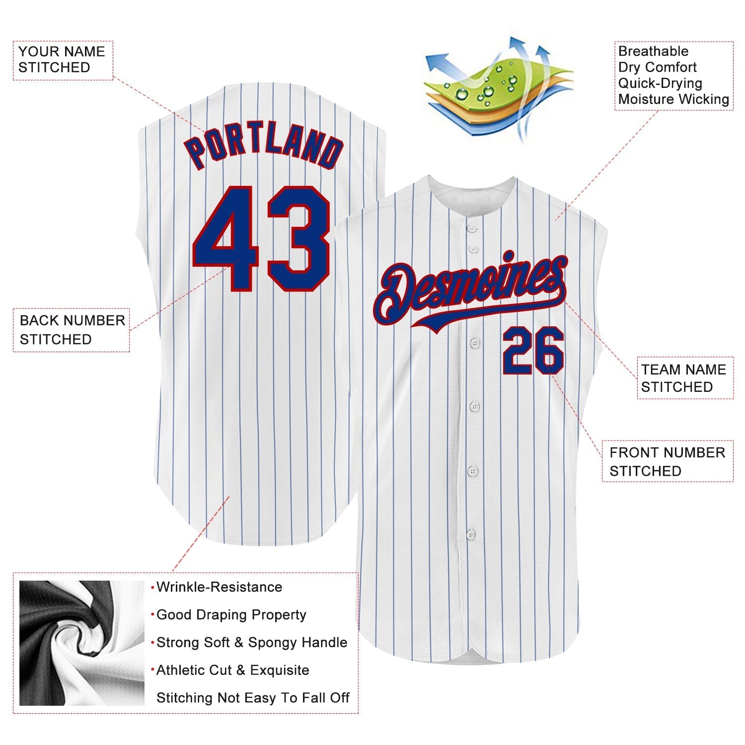 Custom White Royal Pinstripe Red Authentic Sleeveless Baseball Jersey baseball jersey product view 2
