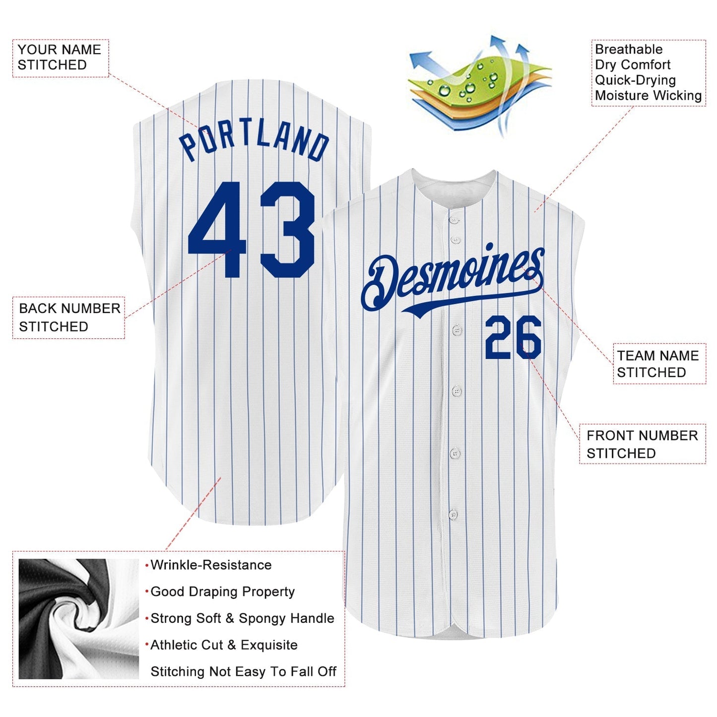 Custom White Royal Pinstripe Royal Authentic Sleeveless Baseball Jersey baseball jersey product view 2