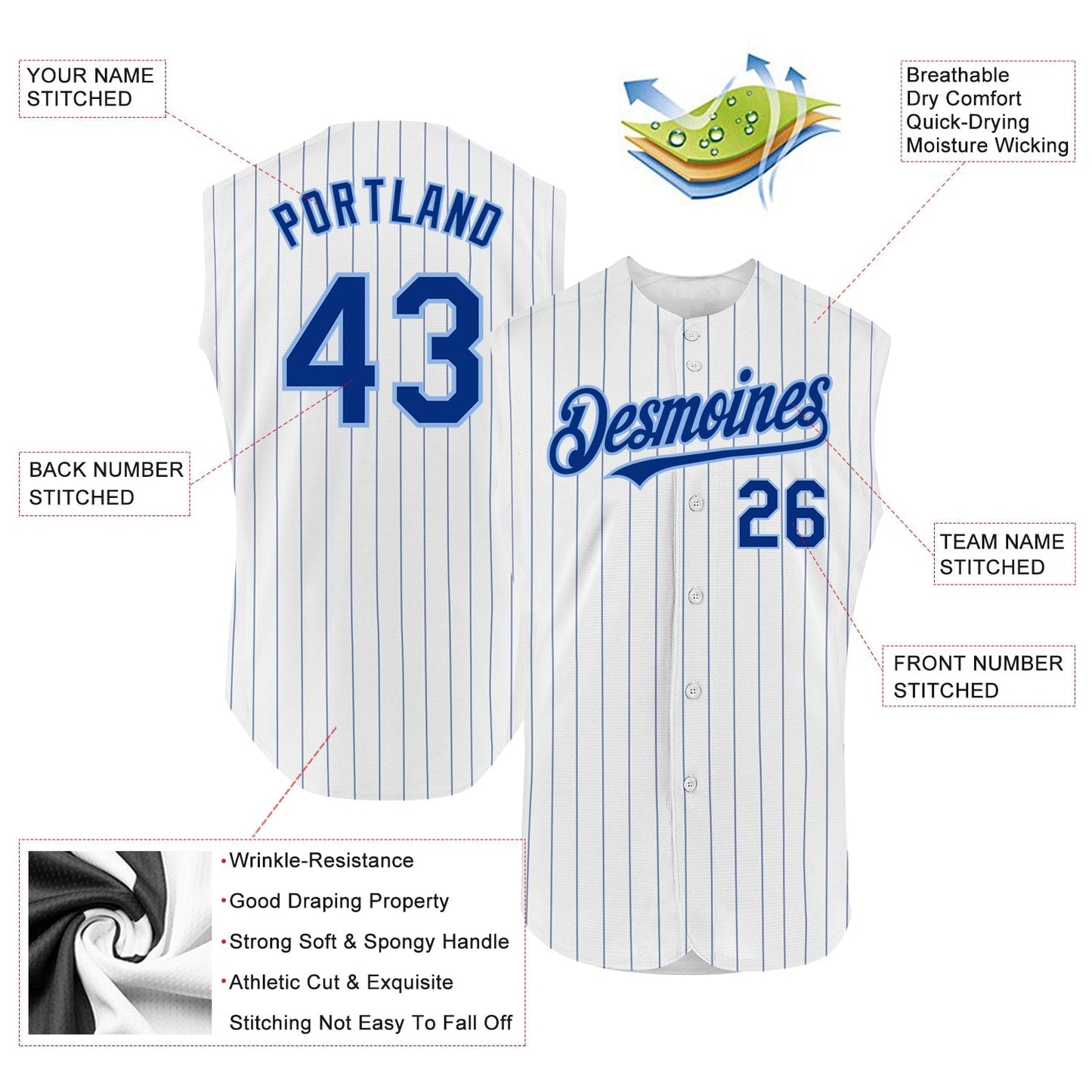 Custom White Royal Pinstripe Light Blue Authentic Sleeveless Baseball Jersey baseball jersey product view 2