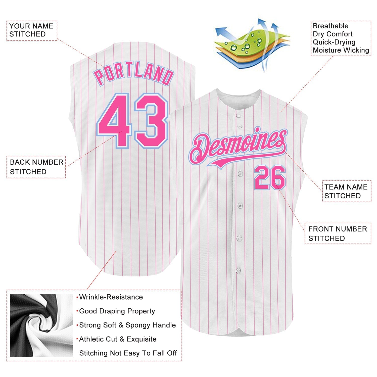 Custom White Pink Pinstripe Light Blue Authentic Sleeveless Baseball Jersey baseball jersey product view 2