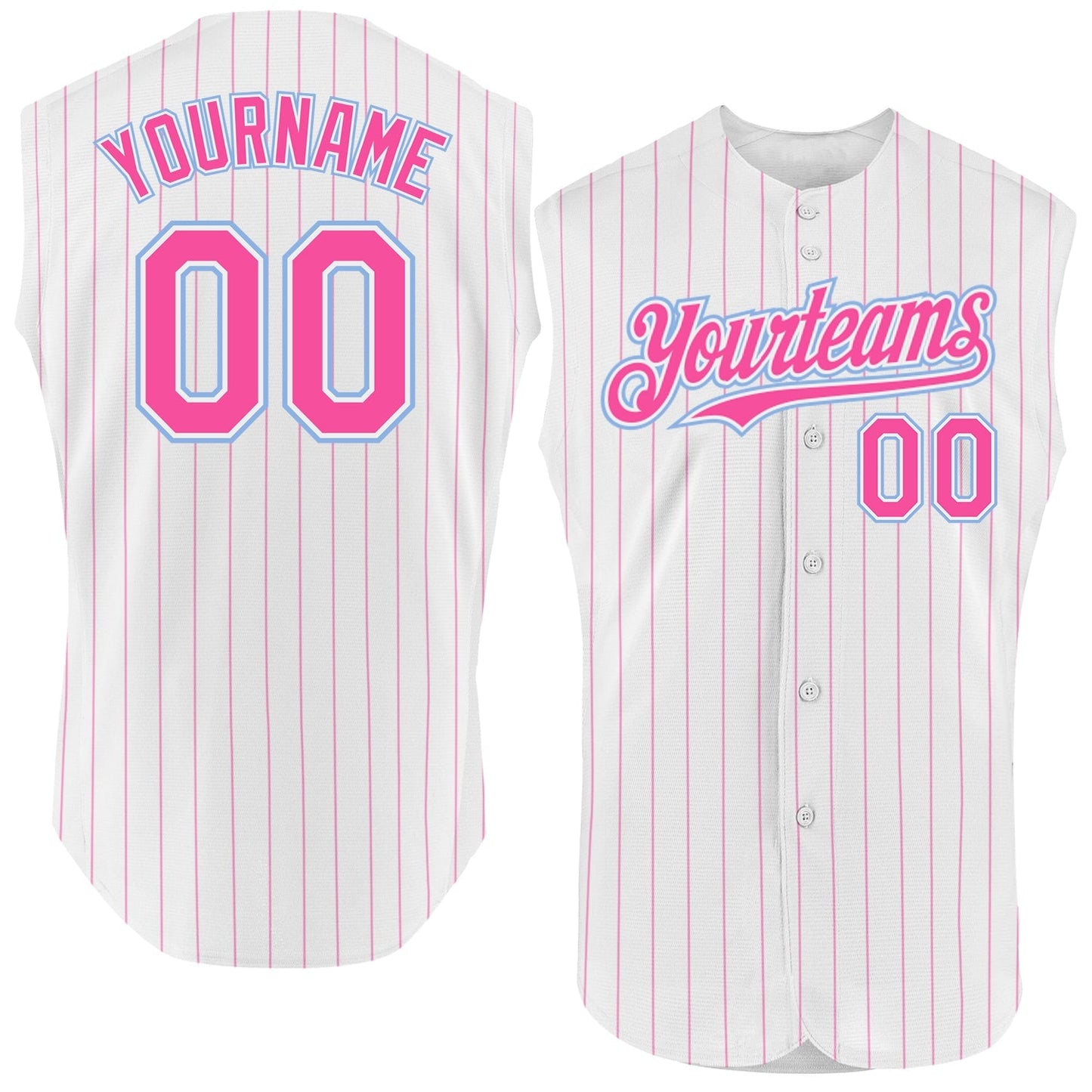 Custom White Pink Pinstripe Light Blue Authentic Sleeveless Baseball Jersey baseball jersey product view 1