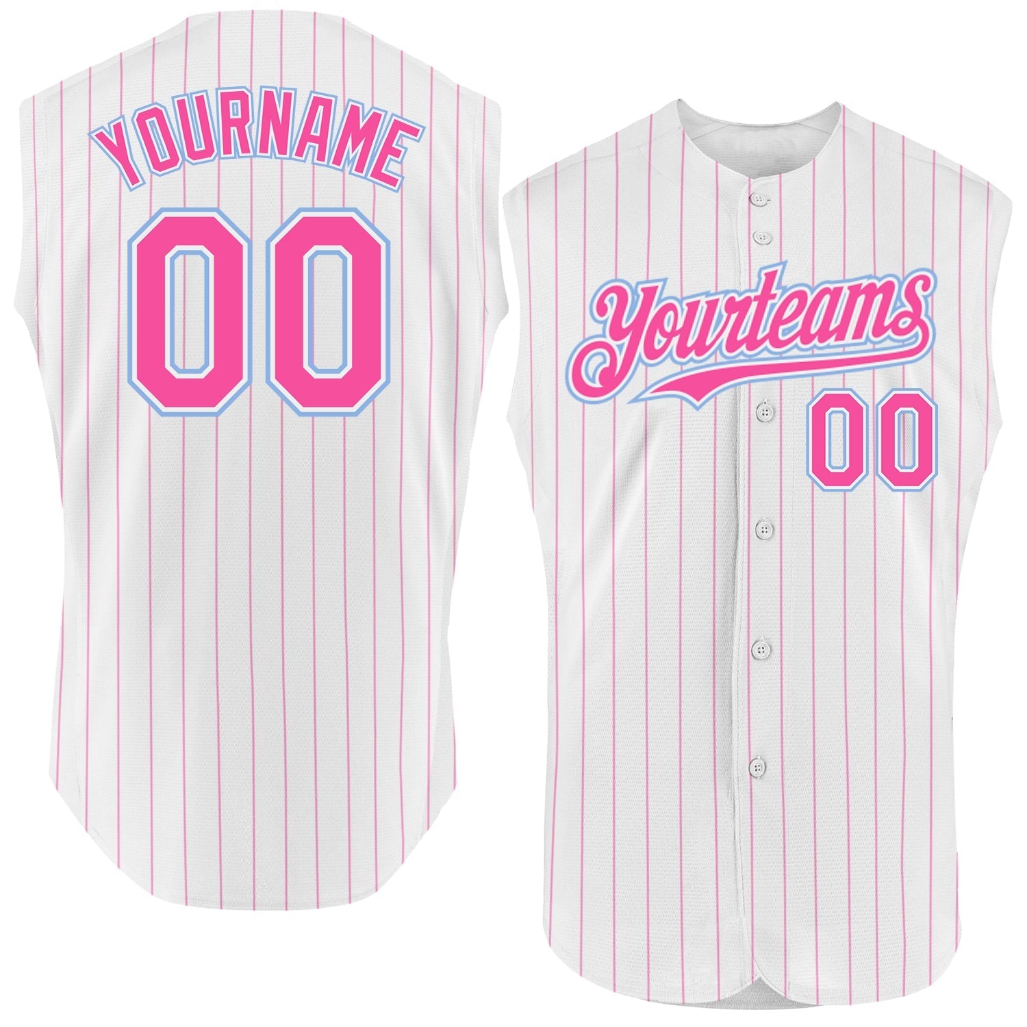 Custom White Pink Pinstripe Light Blue Authentic Sleeveless Baseball Jersey baseball jersey product view 1