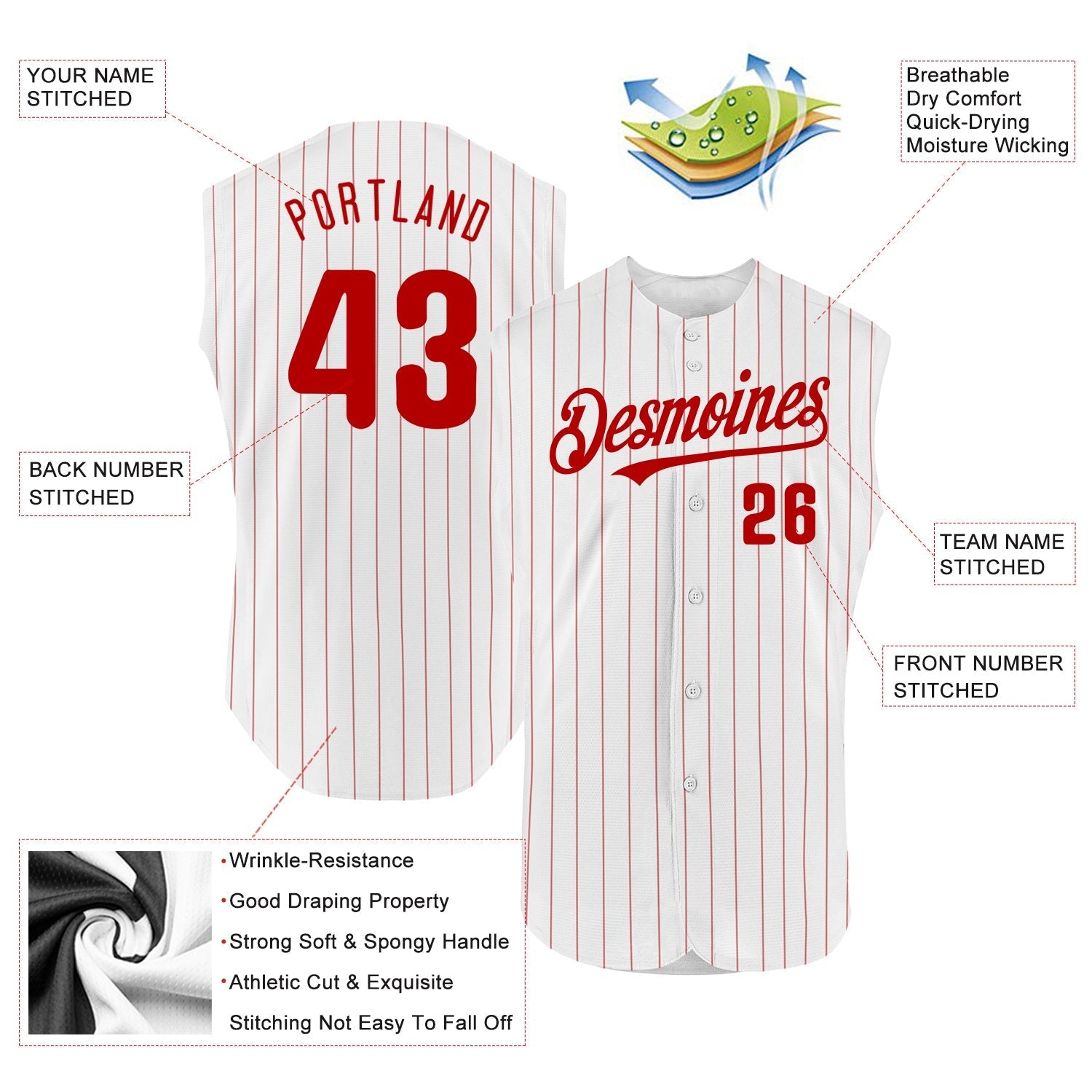 Custom White Red Pinstripe Red Authentic Sleeveless Baseball Jersey baseball jersey product view 2