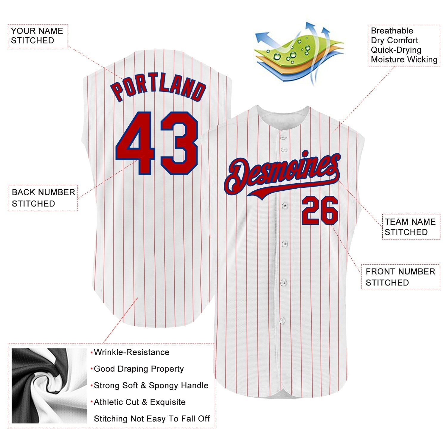 Custom White Red Pinstripe Royal Authentic Sleeveless Baseball Jersey baseball jersey product view 2