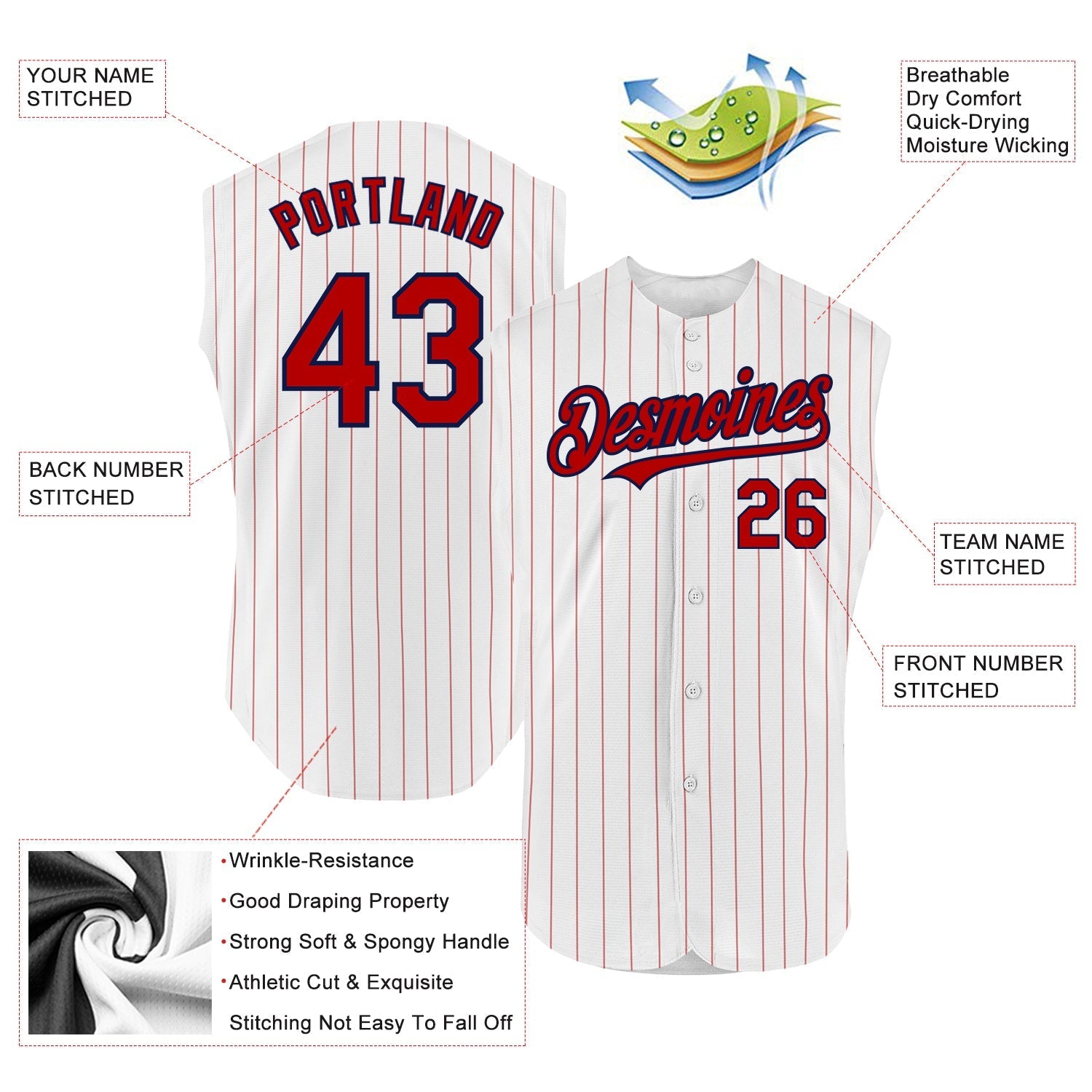 Custom White Red Pinstripe Navy Authentic Sleeveless Baseball Jersey baseball jersey product view 2