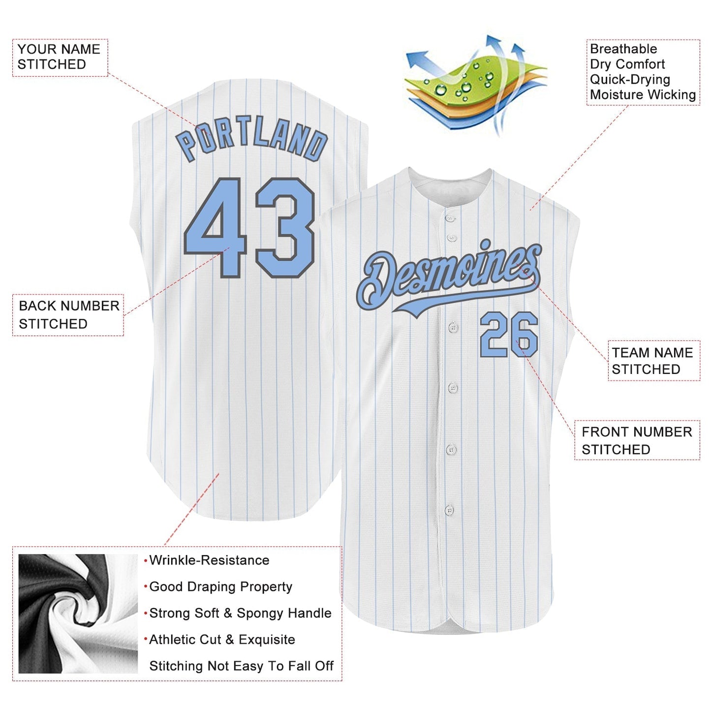 Custom White Light Blue Pinstripe Steel Gray Authentic Sleeveless Baseball Jersey baseball jersey product view 2