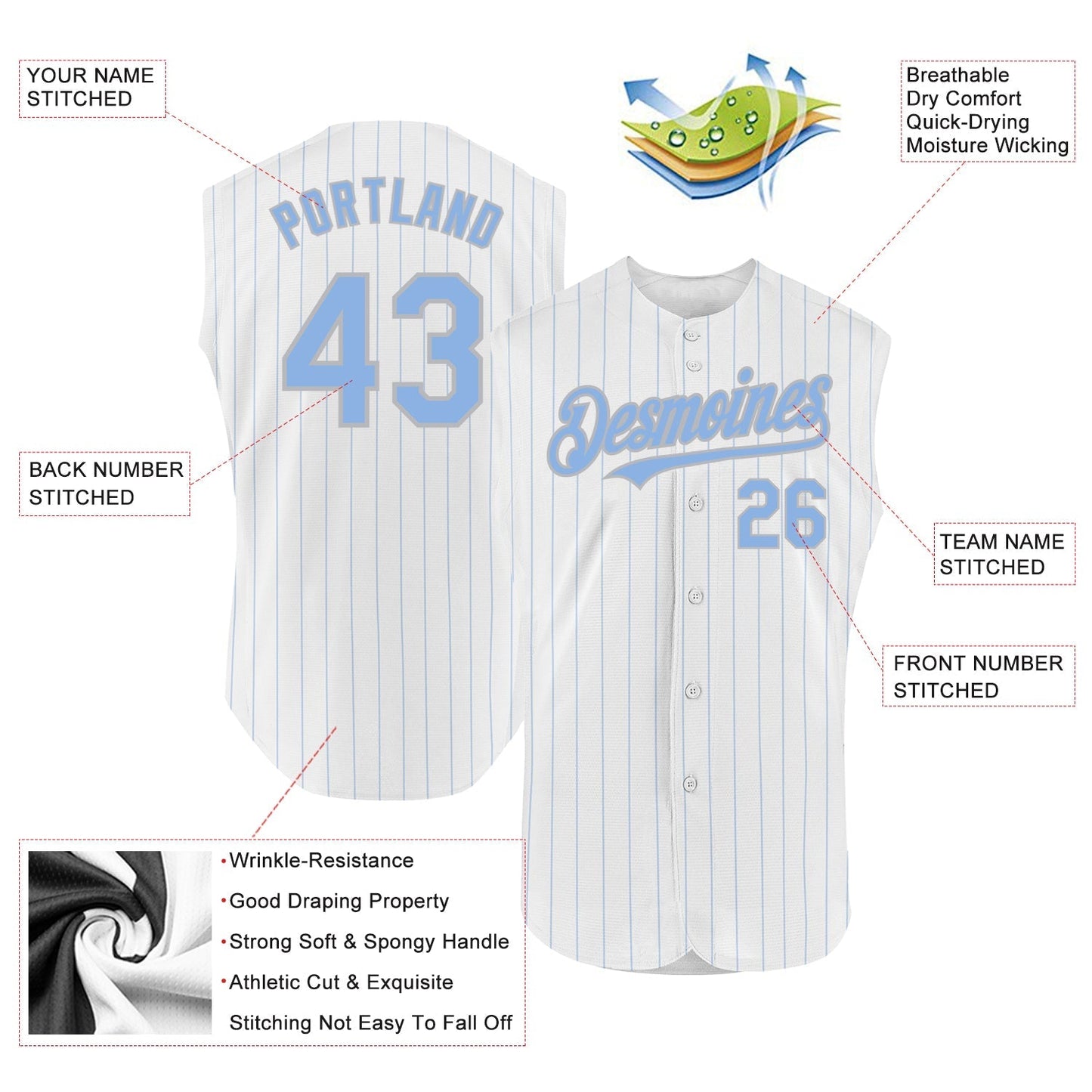 Custom White Light Blue Pinstripe Gray Authentic Sleeveless Baseball Jersey baseball jersey product view 2