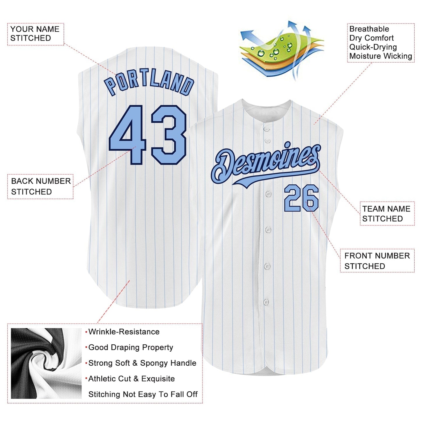 Custom White Light Blue Pinstripe Navy Authentic Sleeveless Baseball Jersey baseball jersey product view 2