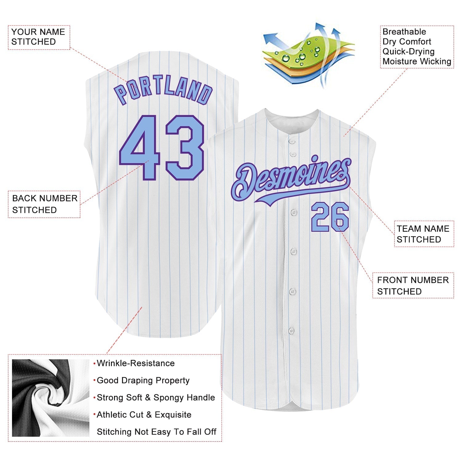 Custom White Light Blue Pinstripe Purple Authentic Sleeveless Baseball Jersey baseball jersey product view 2