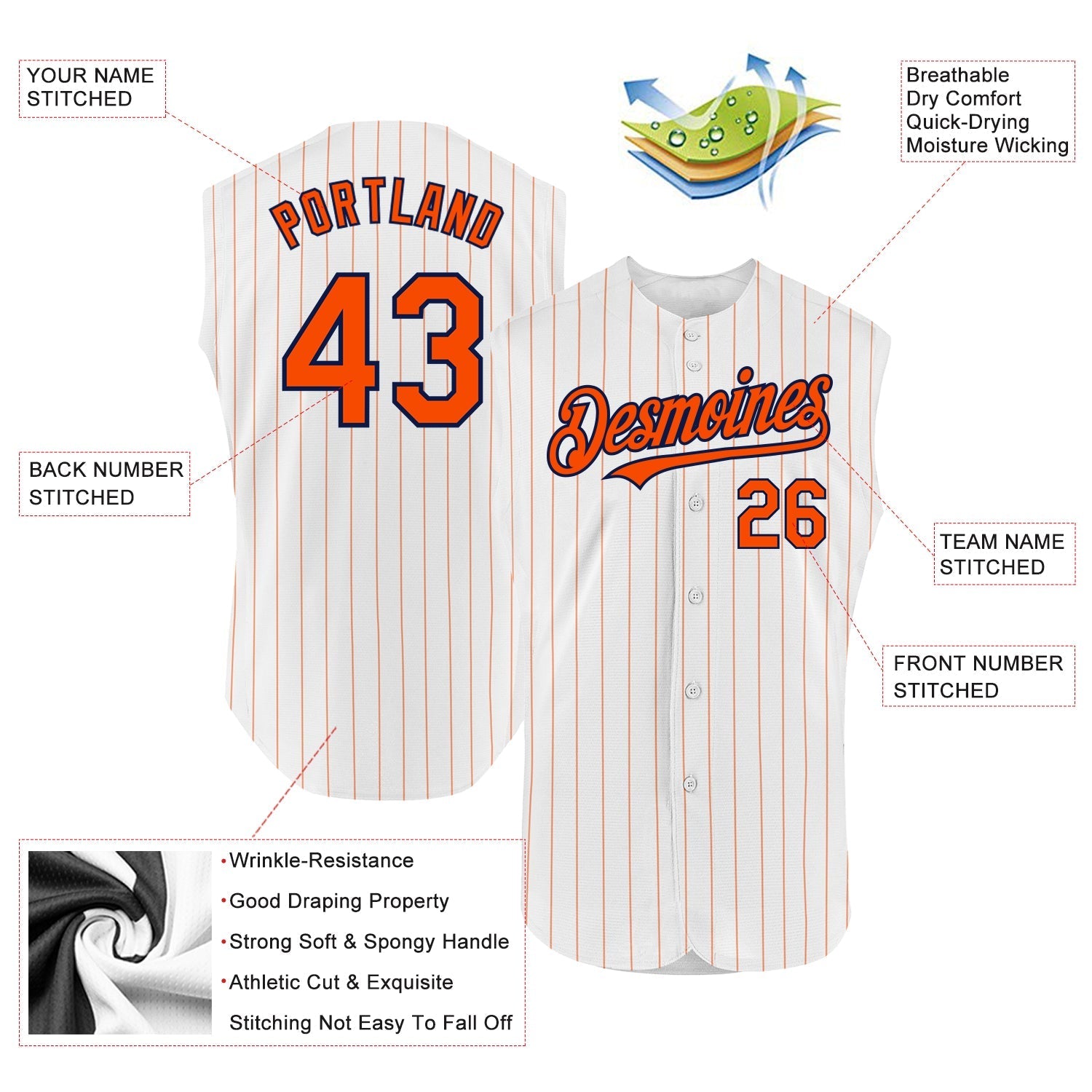Custom White Orange Pinstripe Navy Authentic Sleeveless Baseball Jersey baseball jersey product view 2