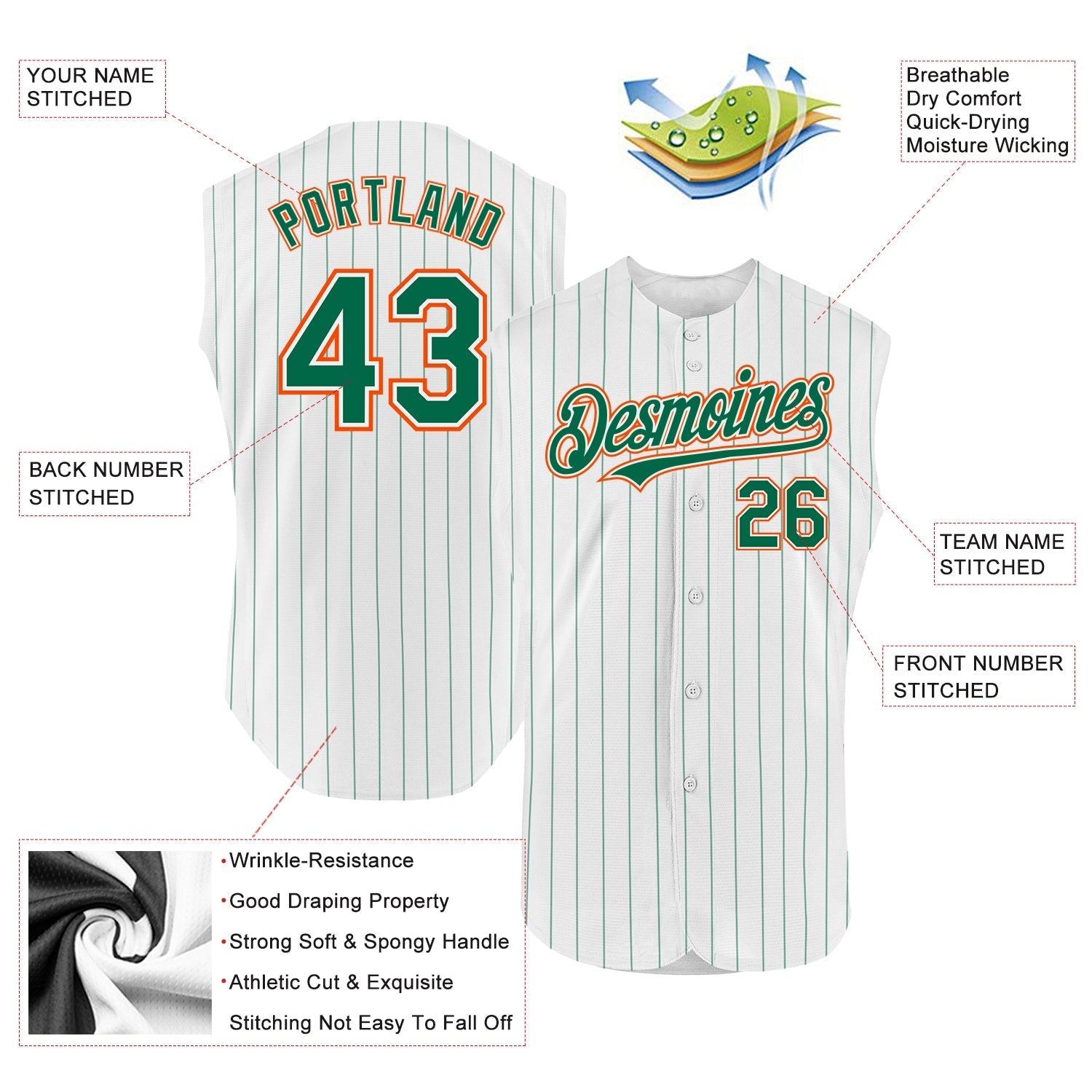 Custom White Kelly Green Pinstripe Orange Authentic Sleeveless Baseball Jersey baseball jersey product view 2