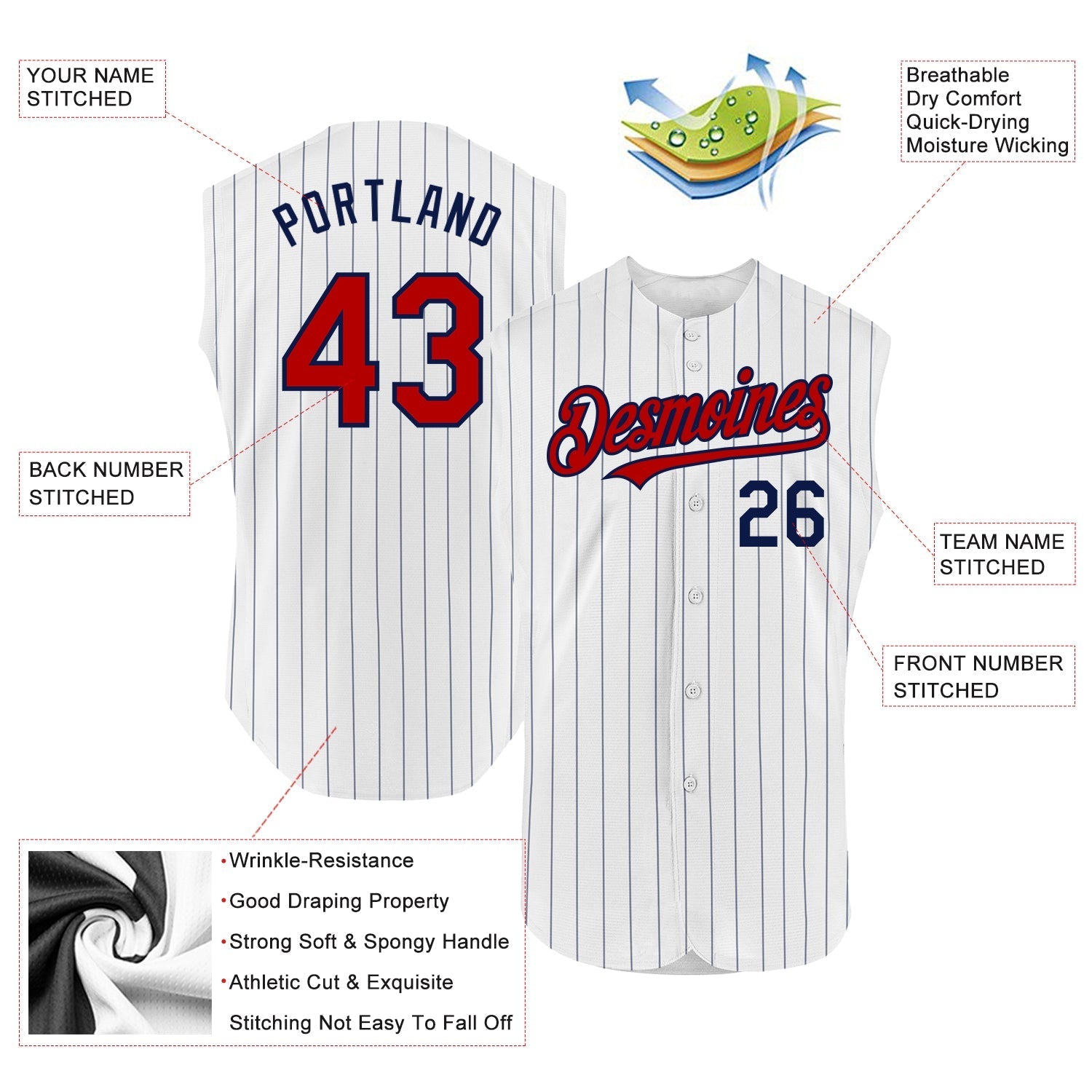 Custom White Navy Pinstripe Red Authentic Sleeveless Baseball Jersey baseball jersey product view 2