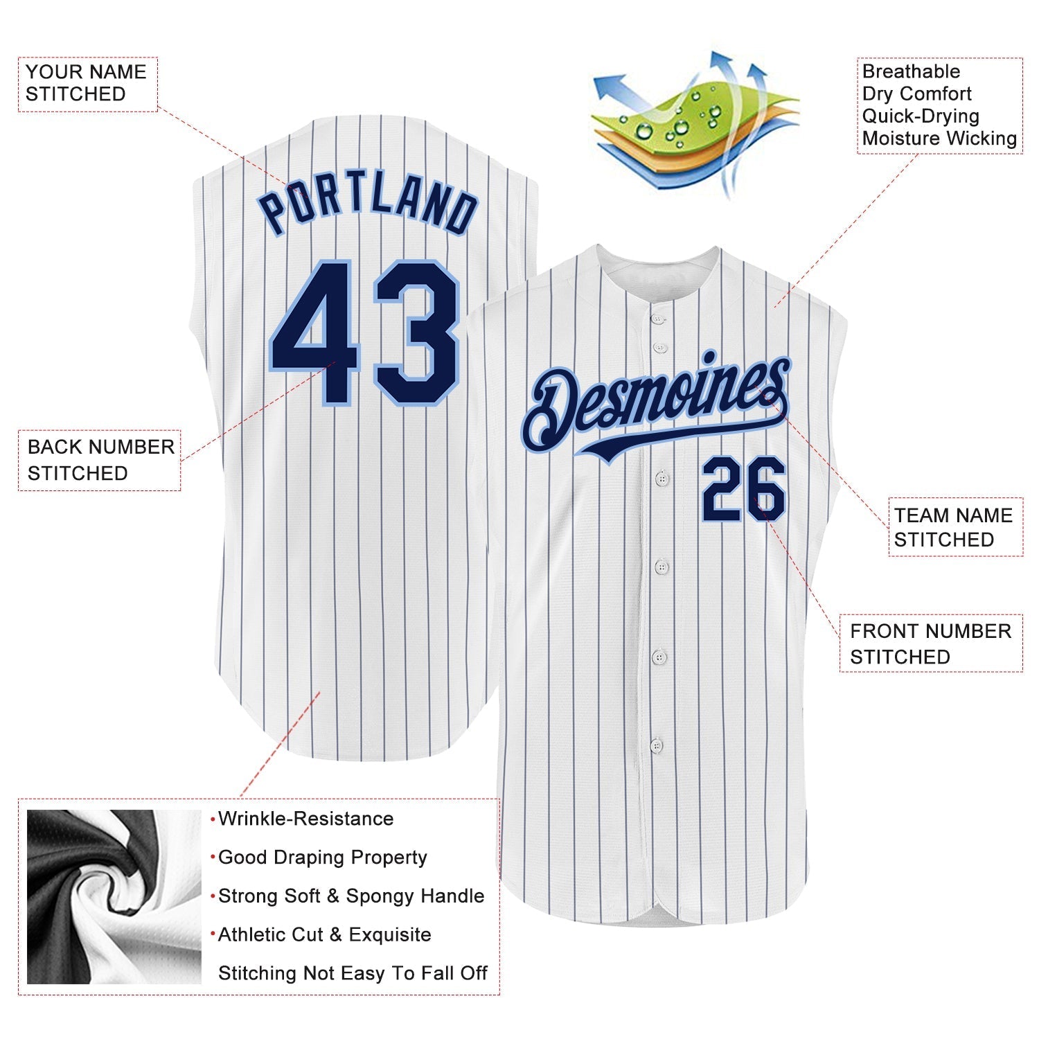 Custom White Navy Pinstripe Light Blue Authentic Sleeveless Baseball Jersey baseball jersey product view 2