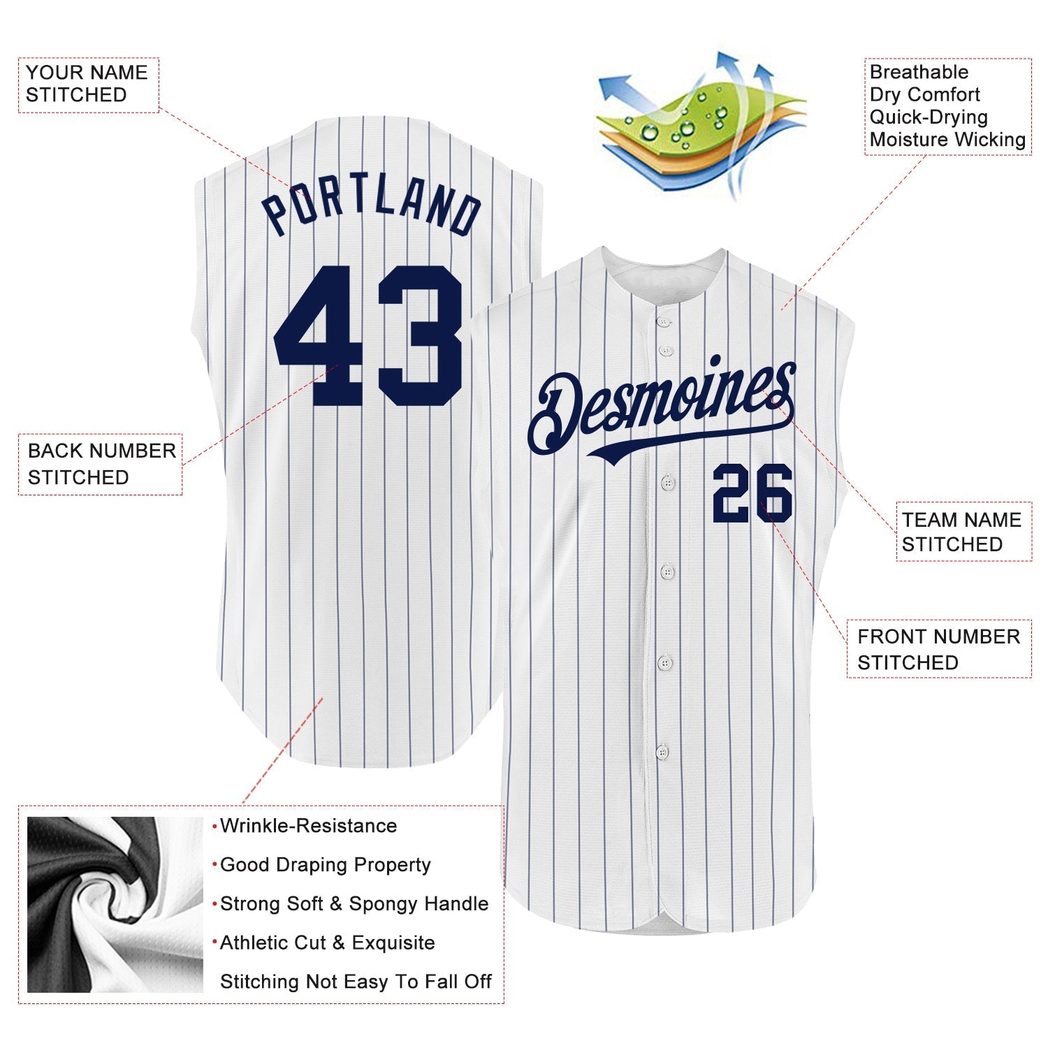 Custom White Navy Pinstripe Navy Authentic Sleeveless Baseball Jersey baseball jersey product view 2