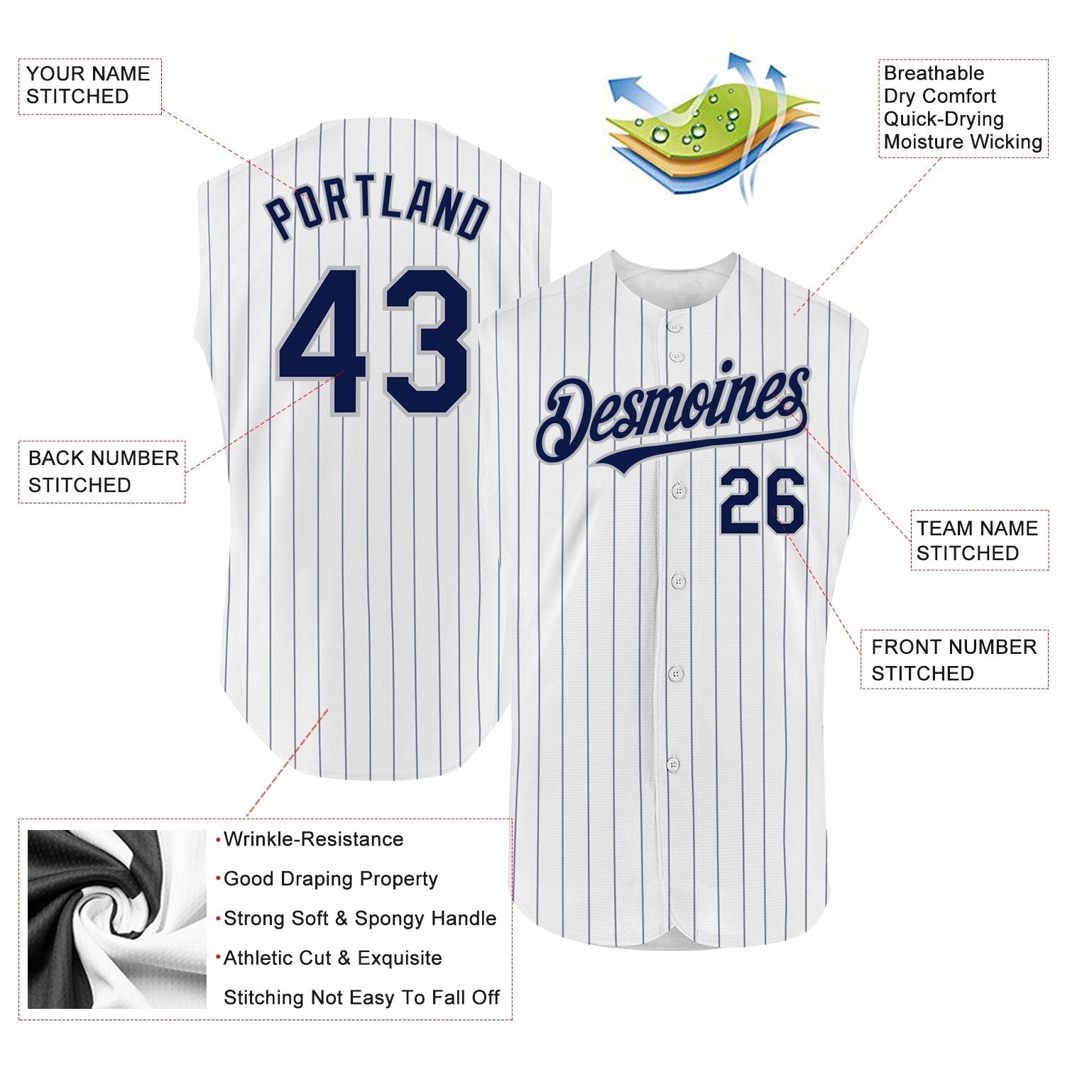 Custom White Navy Pinstripe Gray Authentic Sleeveless Baseball Jersey baseball jersey product view 2
