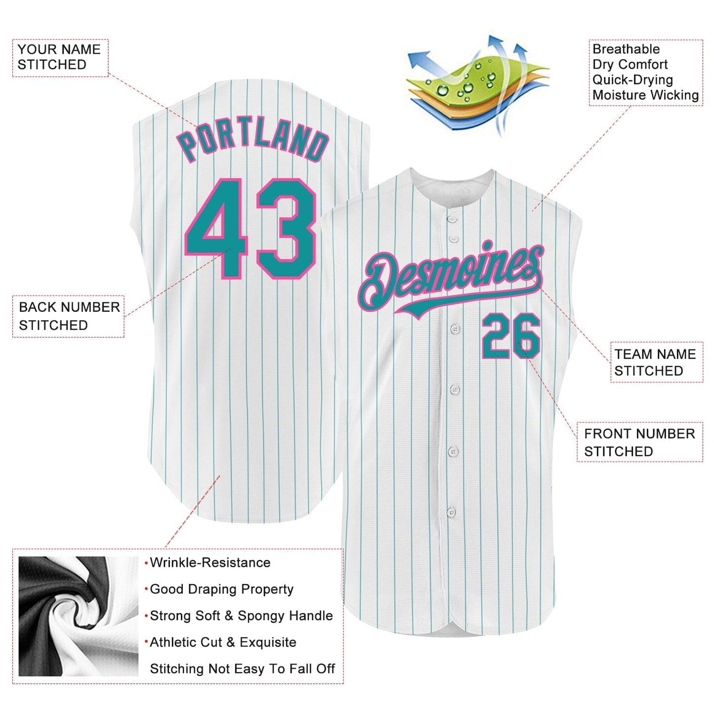 Custom White Teal Pinstripe Pink Authentic Sleeveless Baseball Jersey baseball jersey product view 2