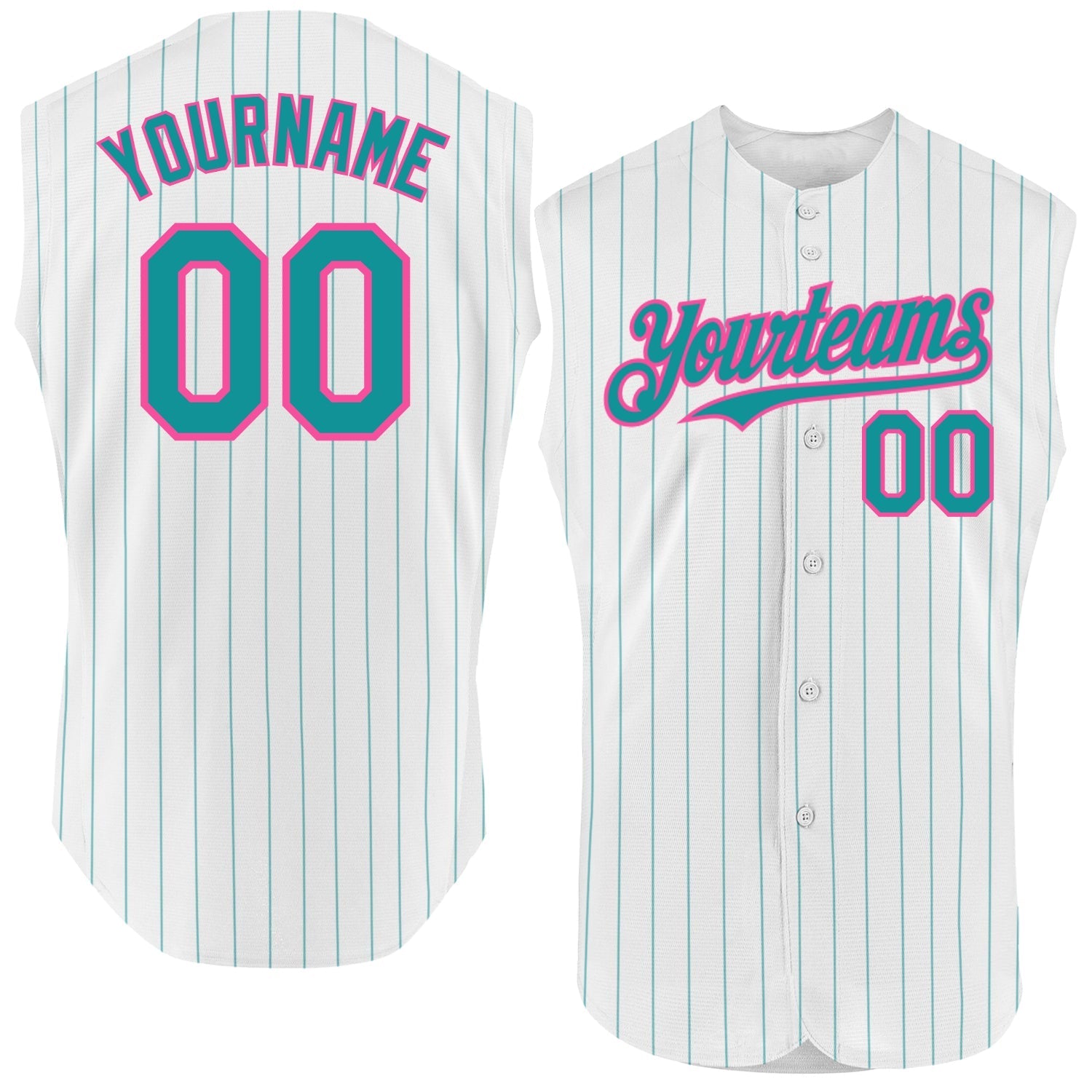 Custom White Teal Pinstripe Pink Authentic Sleeveless Baseball Jersey baseball jersey product view 1