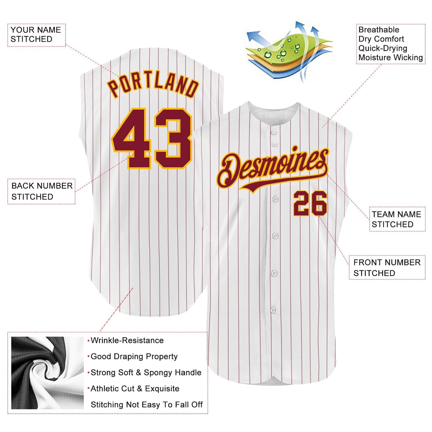 Custom White Crimson Pinstripe Gold Authentic Sleeveless Baseball Jersey baseball jersey product view 2