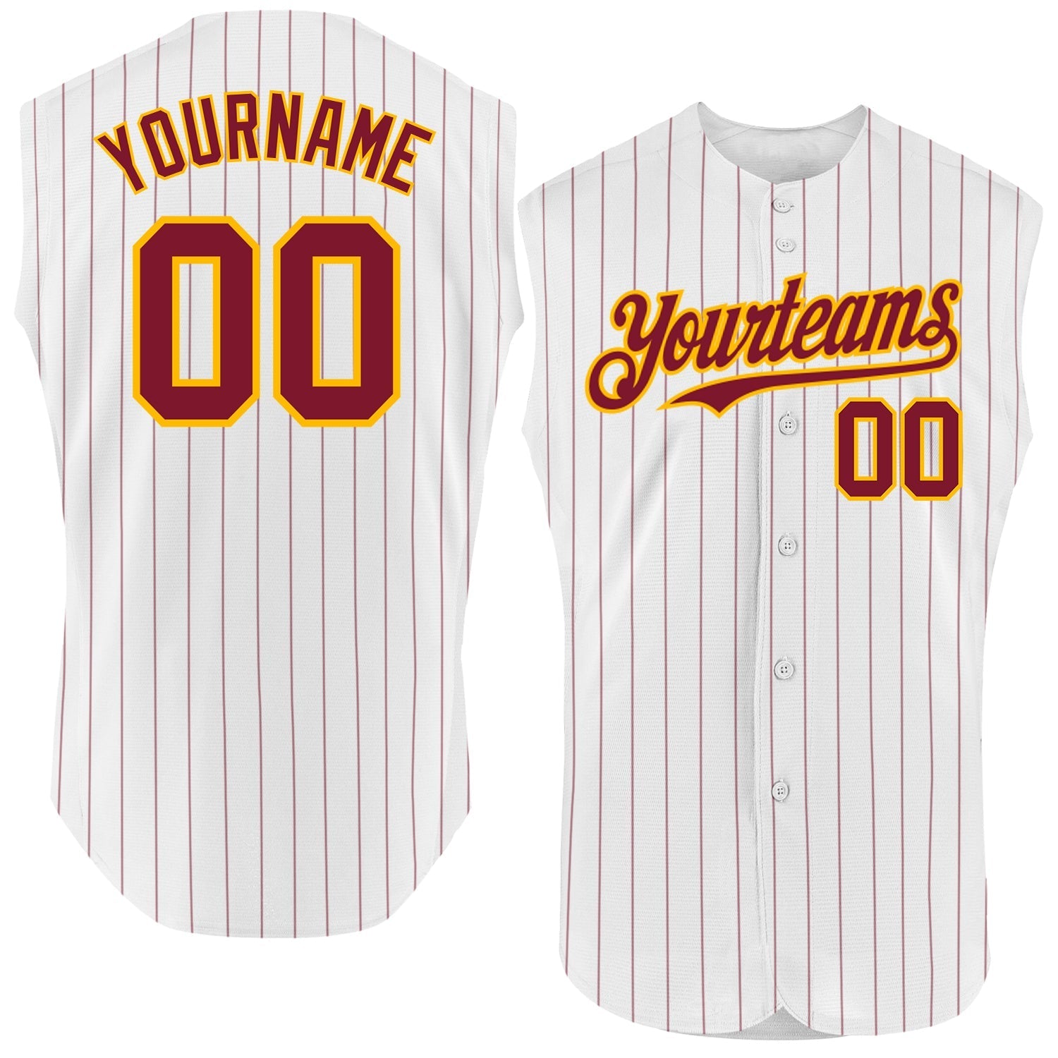 Custom White Crimson Pinstripe Gold Authentic Sleeveless Baseball Jersey baseball jersey product view 1