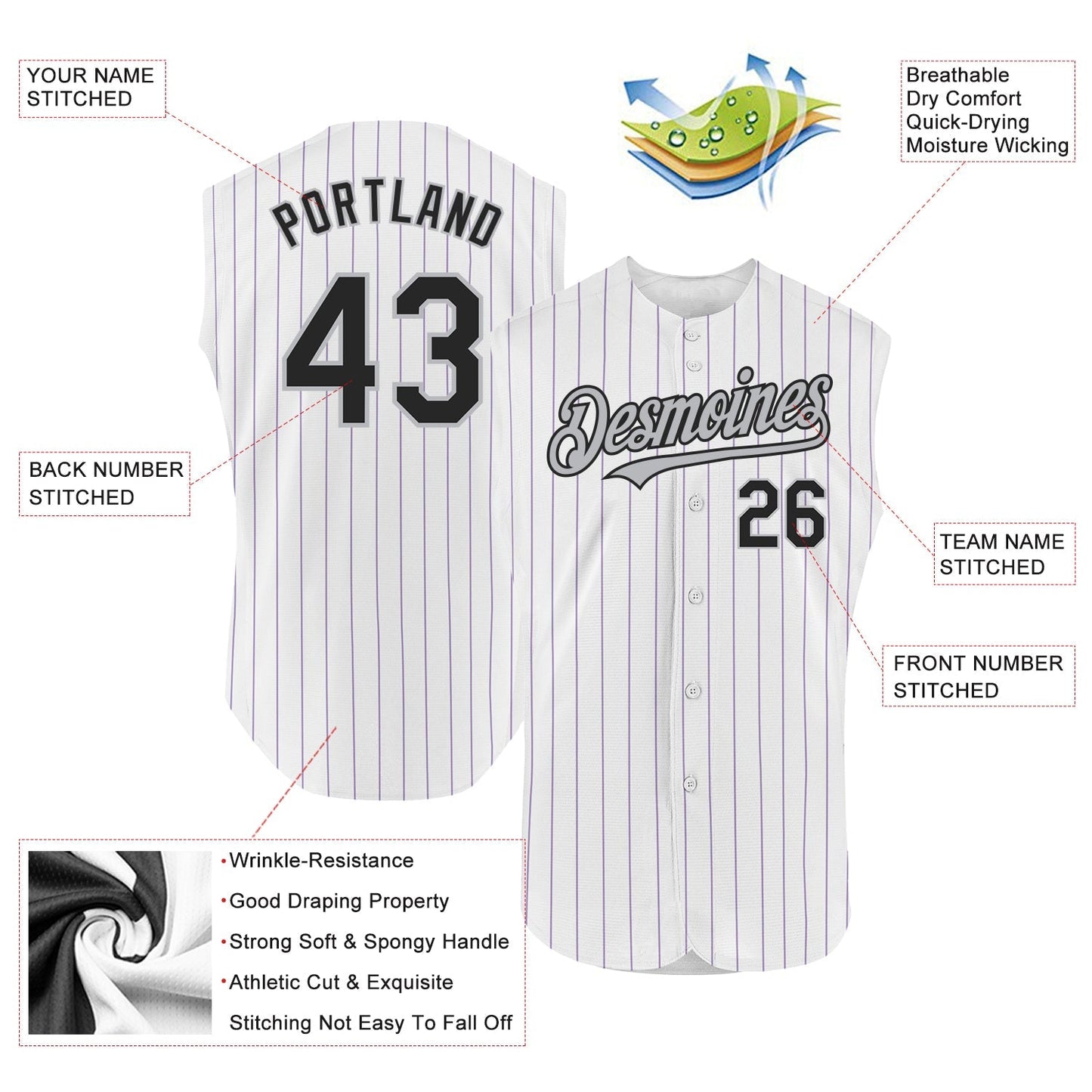 Custom White Purple Pinstripe Black-Gray Authentic Sleeveless Baseball Jersey baseball jersey product view 2
