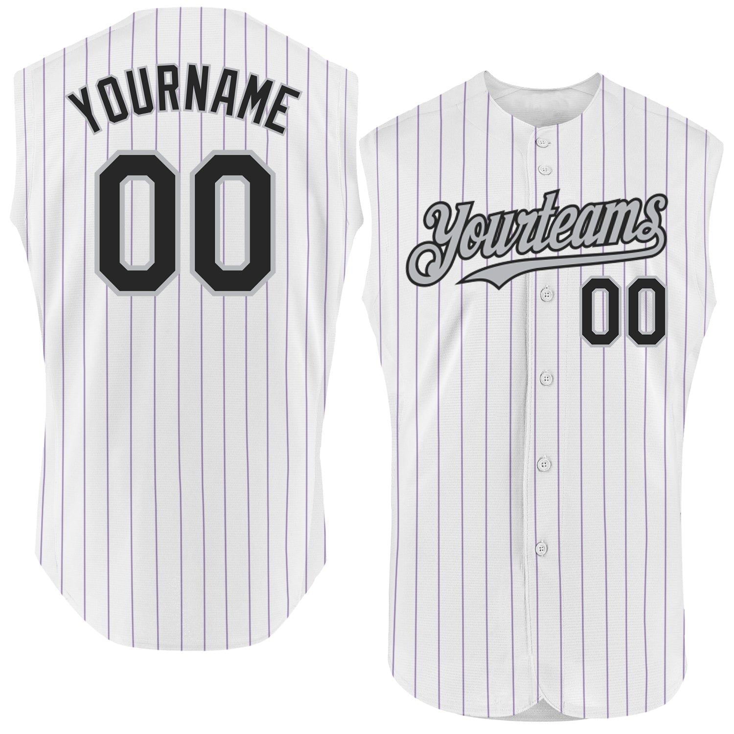 Custom White Purple Pinstripe Black-Gray Authentic Sleeveless Baseball Jersey baseball jersey product view 1