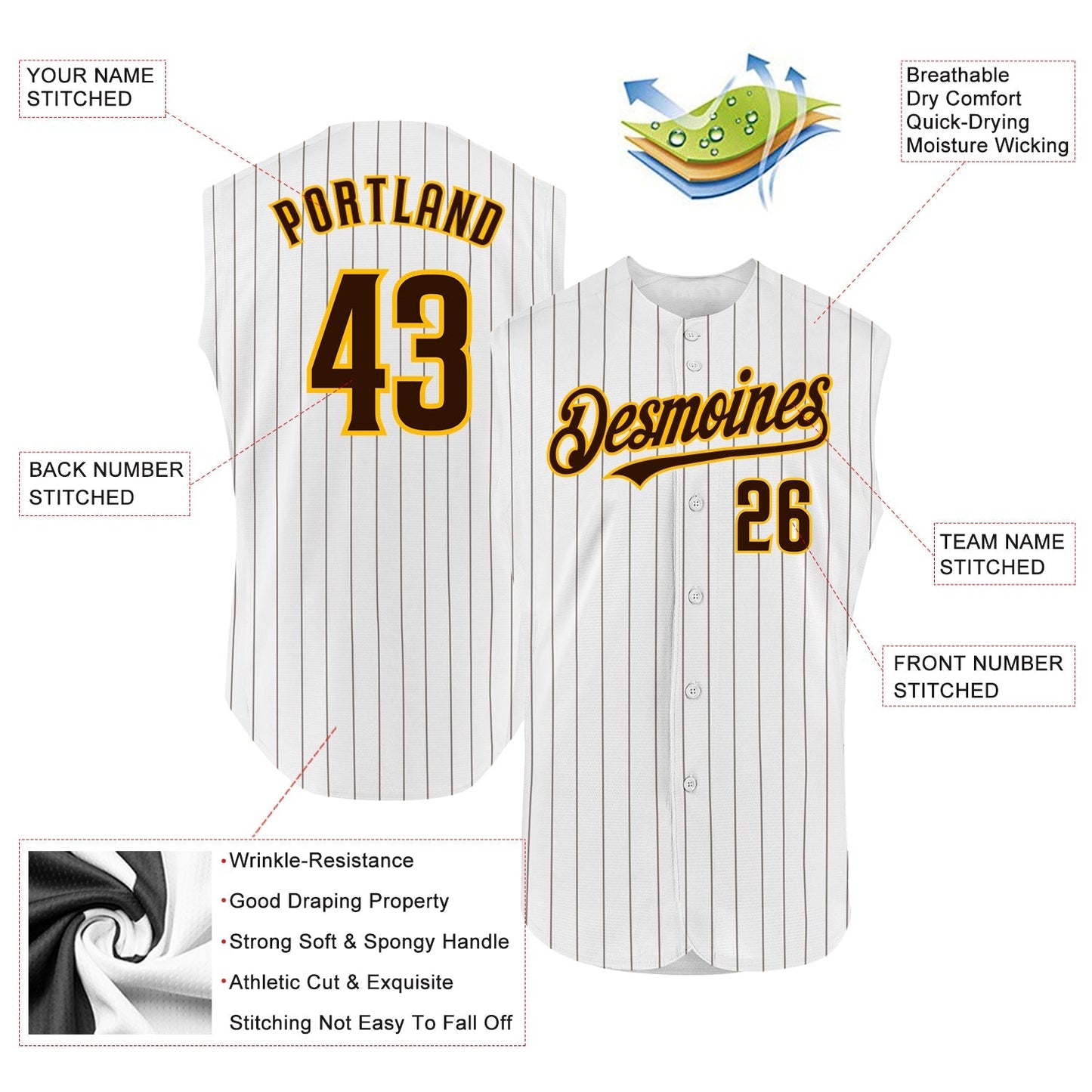 Custom White Brown Pinstripe Gold Authentic Sleeveless Baseball Jersey baseball jersey product view 2