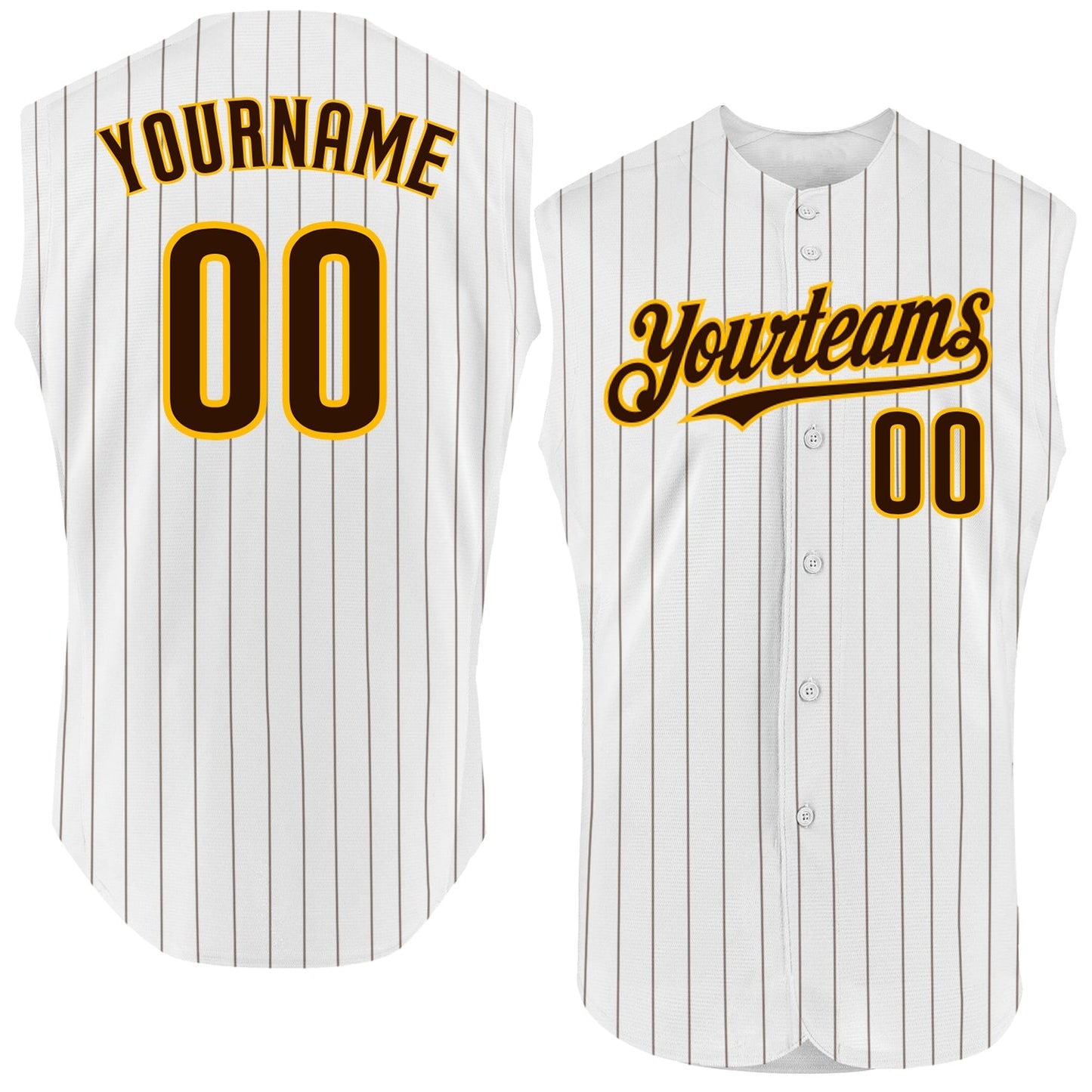 Custom White Brown Pinstripe Gold Authentic Sleeveless Baseball Jersey baseball jersey product view 1
