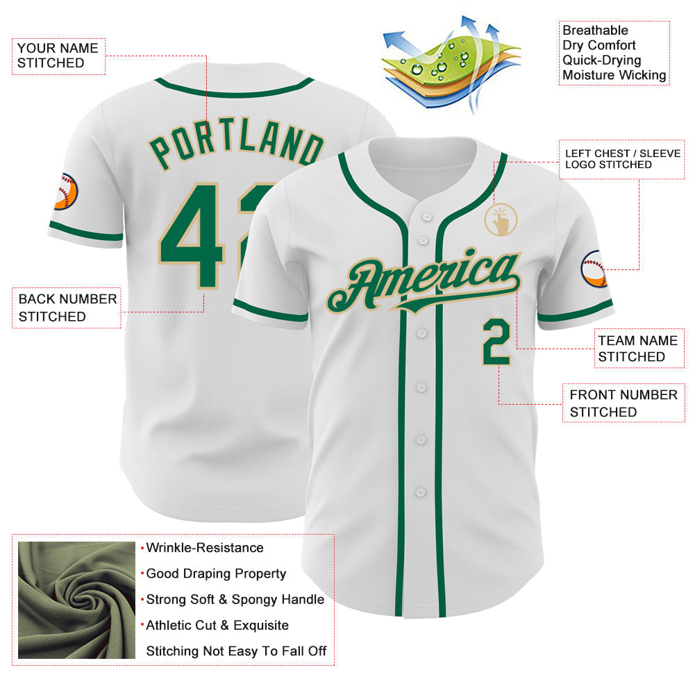 Custom White Kelly Green-Vegas Gold Authentic Baseball Jersey baseball jersey product view 3