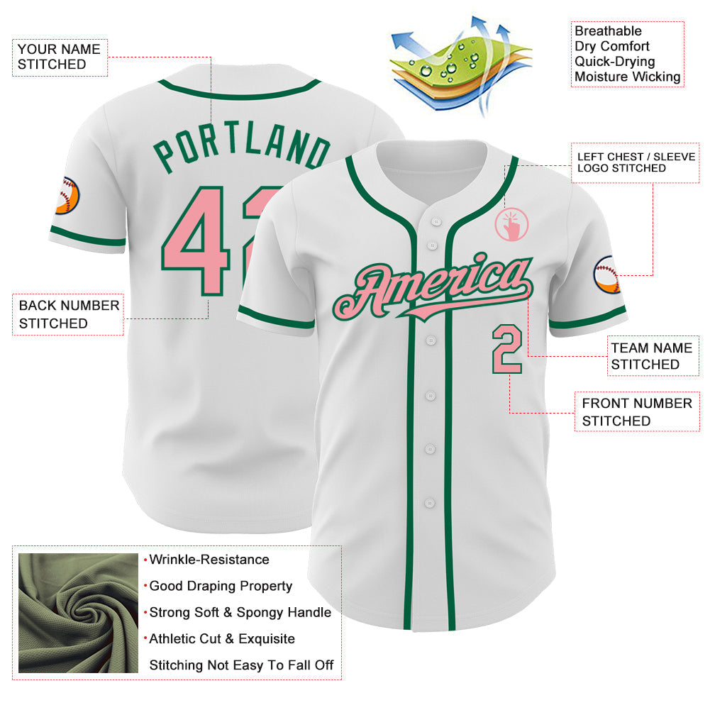 Custom White Medium Pink-Kelly Green Authentic Baseball Jersey baseball jersey product view 3
