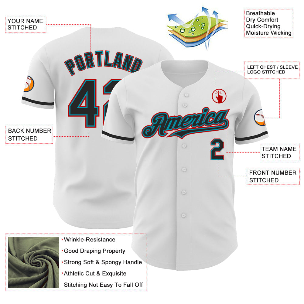 Custom White Black Teal-Red Authentic Baseball Jersey baseball jersey product view 3