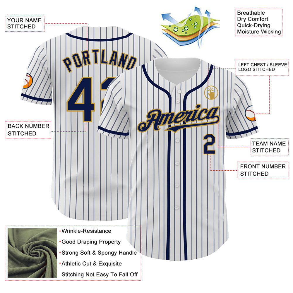 Custom White Navy Pinstripe Old Gold Authentic Baseball Jersey baseball jersey product view 3