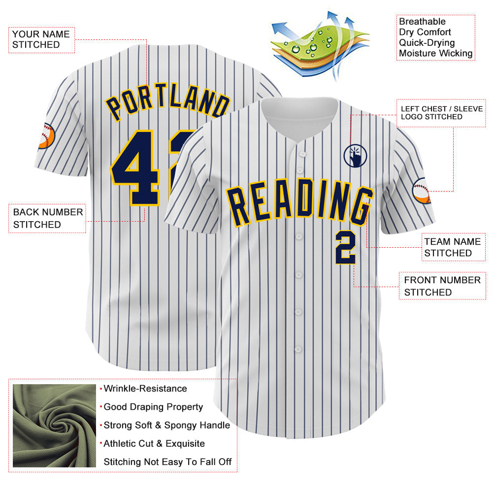 Custom White Navy Pinstripe Yellow Authentic Baseball Jersey baseball jersey product view 3