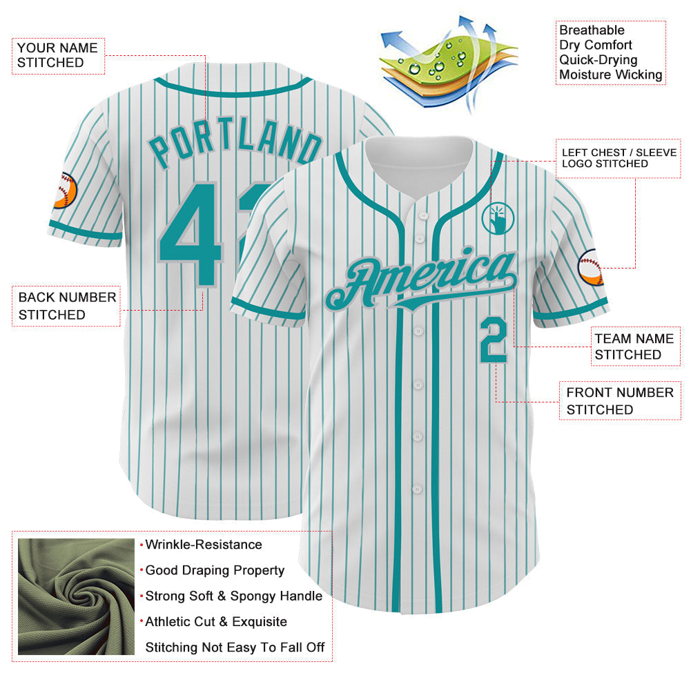 Custom White Teal Pinstripe Gray Authentic Baseball Jersey baseball jersey product view 3