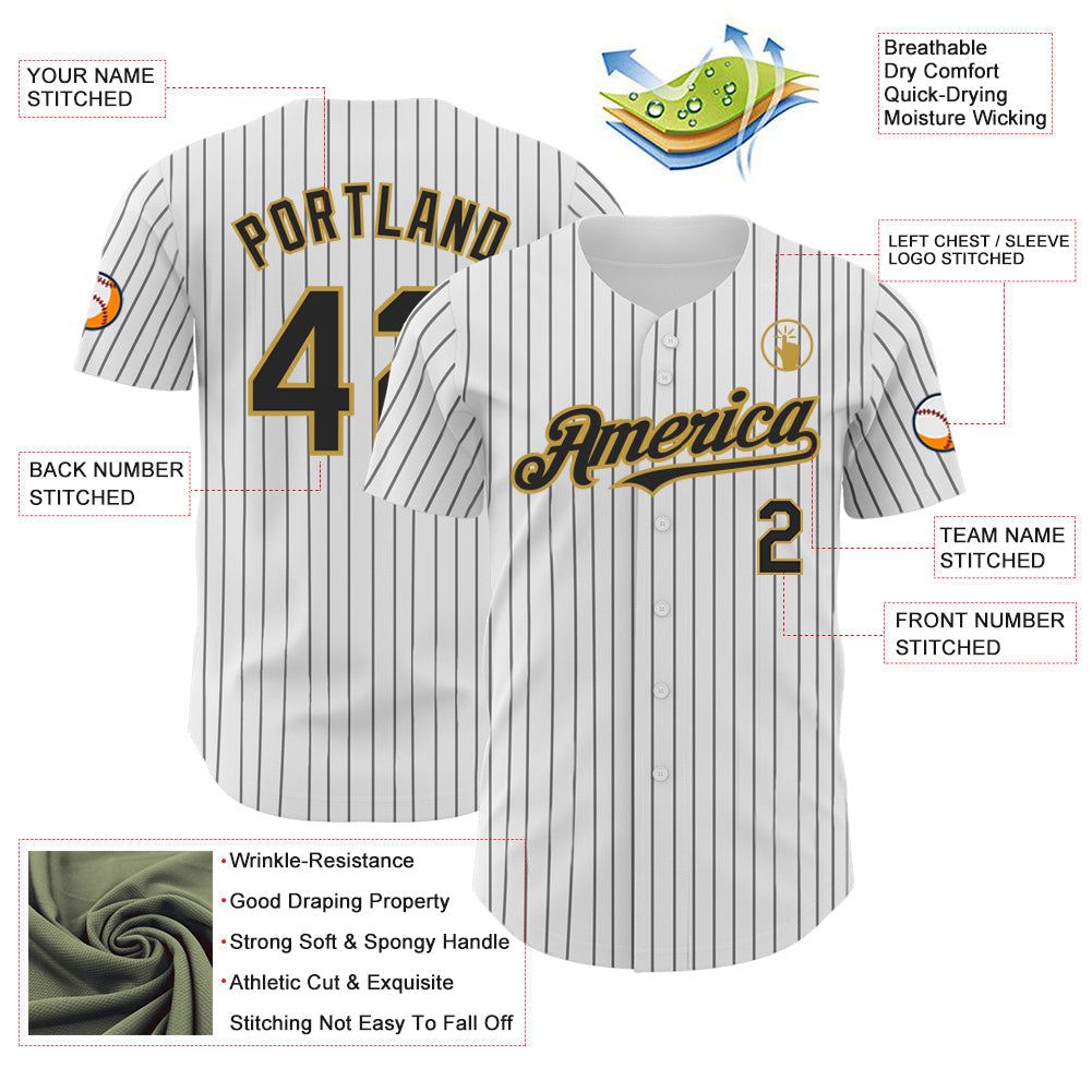 Custom White Black Pinstripe Old Gold Authentic Baseball Jersey baseball jersey product view 3