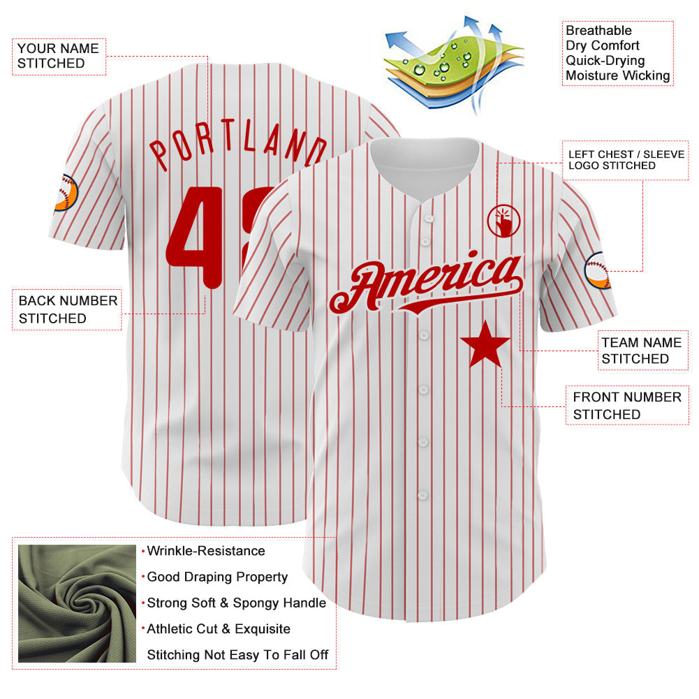 Custom White Red Pinstripe Authentic Red Star Baseball Jersey baseball jersey product view 3