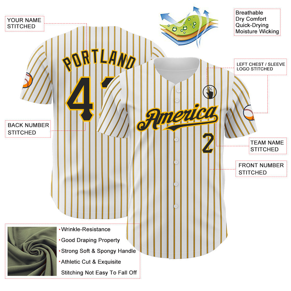 Custom White (Black Gold Pinstripe) Black-Gold Authentic Baseball Jersey baseball jersey product view 3