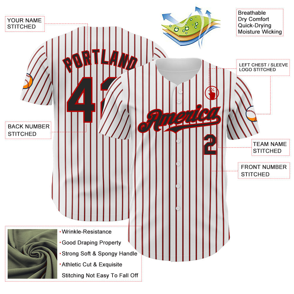 Custom White (Black Red Pinstripe) Black-Red Authentic Baseball Jersey baseball jersey product view 3