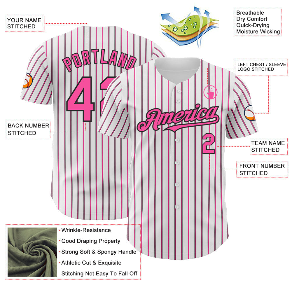Custom White (Black Pink Pinstripe) Pink-Black Authentic Baseball Jersey baseball jersey product view 3
