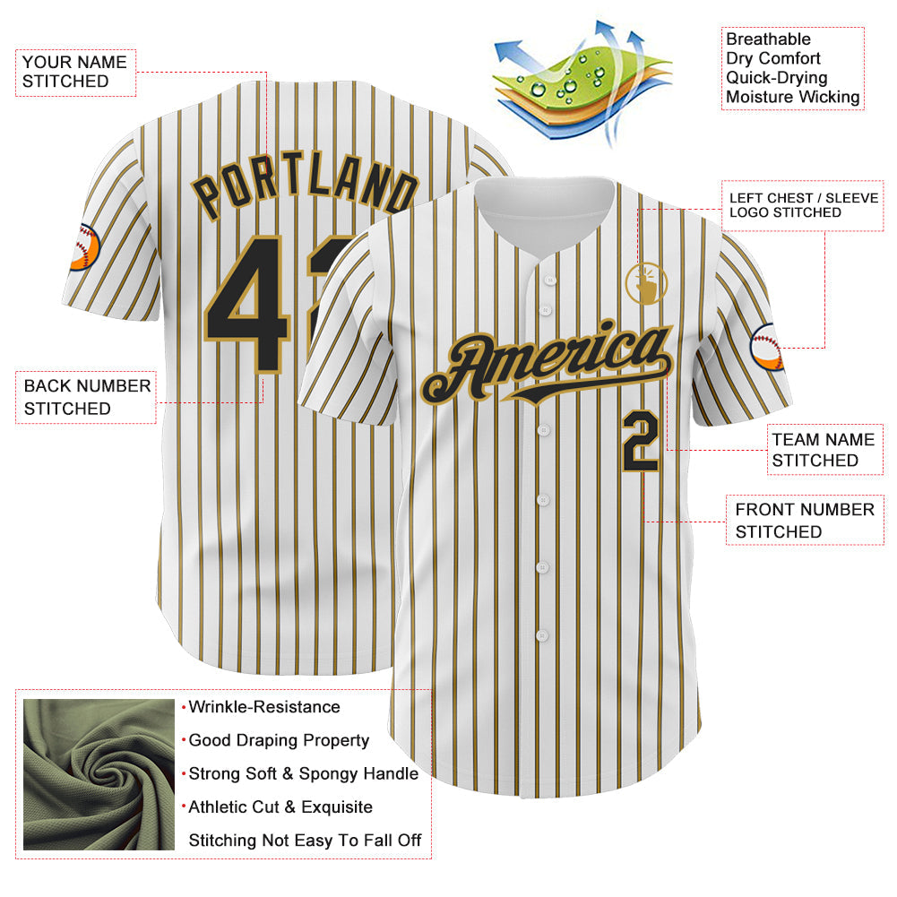 Custom White (Black Old Gold Pinstripe) Black-Old Gold Authentic Baseball Jersey baseball jersey product view 3