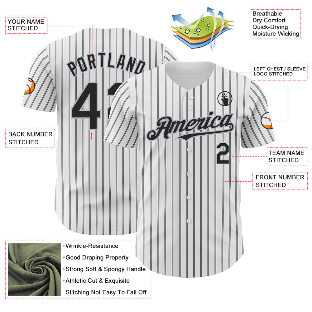 Custom White (Black Gray Pinstripe) Black-Gray Authentic Baseball Jersey baseball jersey product view 3