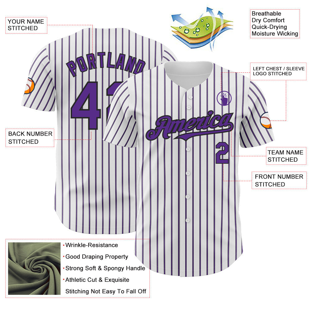 Custom White (Black Purple Pinstripe) Purple-Black Authentic Baseball Jersey baseball jersey product view 3
