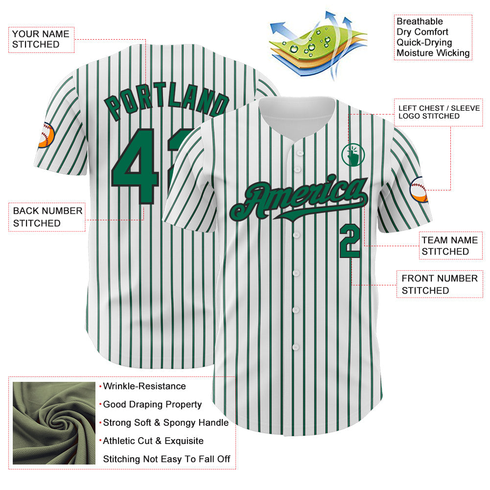 Custom White (Black Kelly Green Pinstripe) Kelly Green-Black Authentic Baseball Jersey baseball jersey product view 3
