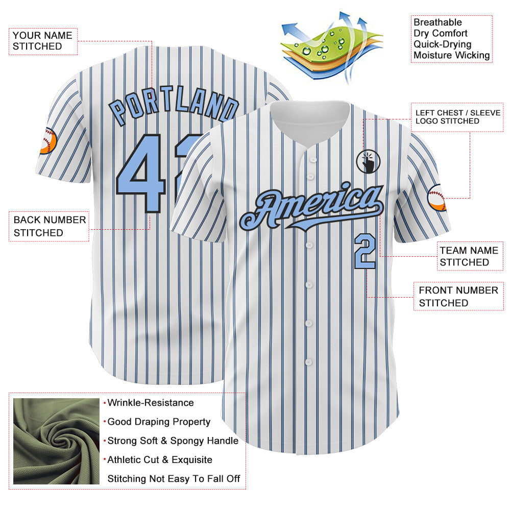Custom White (Black Light Blue Pinstripe) Light Blue-Black Authentic Baseball Jersey baseball jersey product view 3