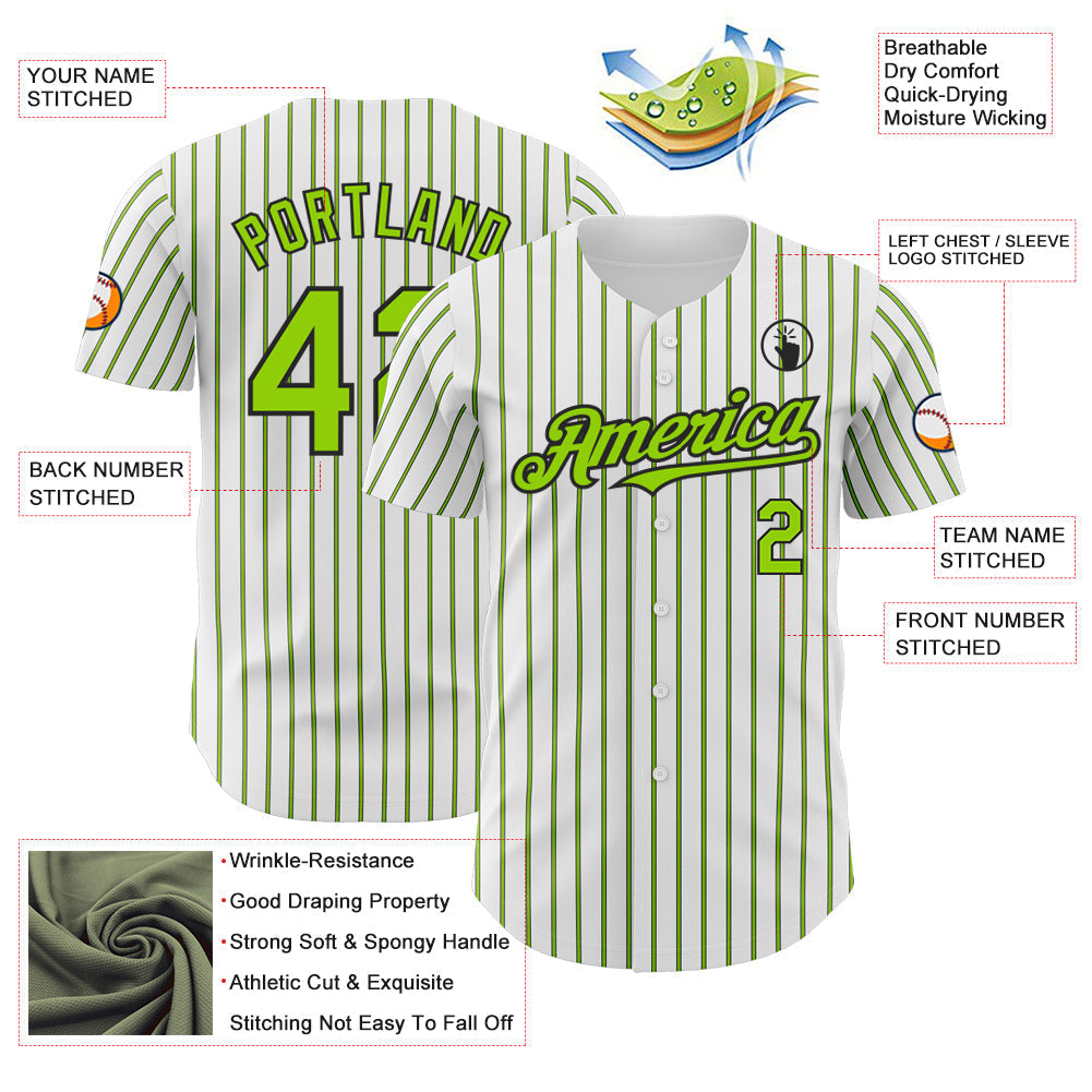 Custom White (Black Neon Green Pinstripe) Neon Green-Black Authentic Baseball Jersey baseball jersey product view 3