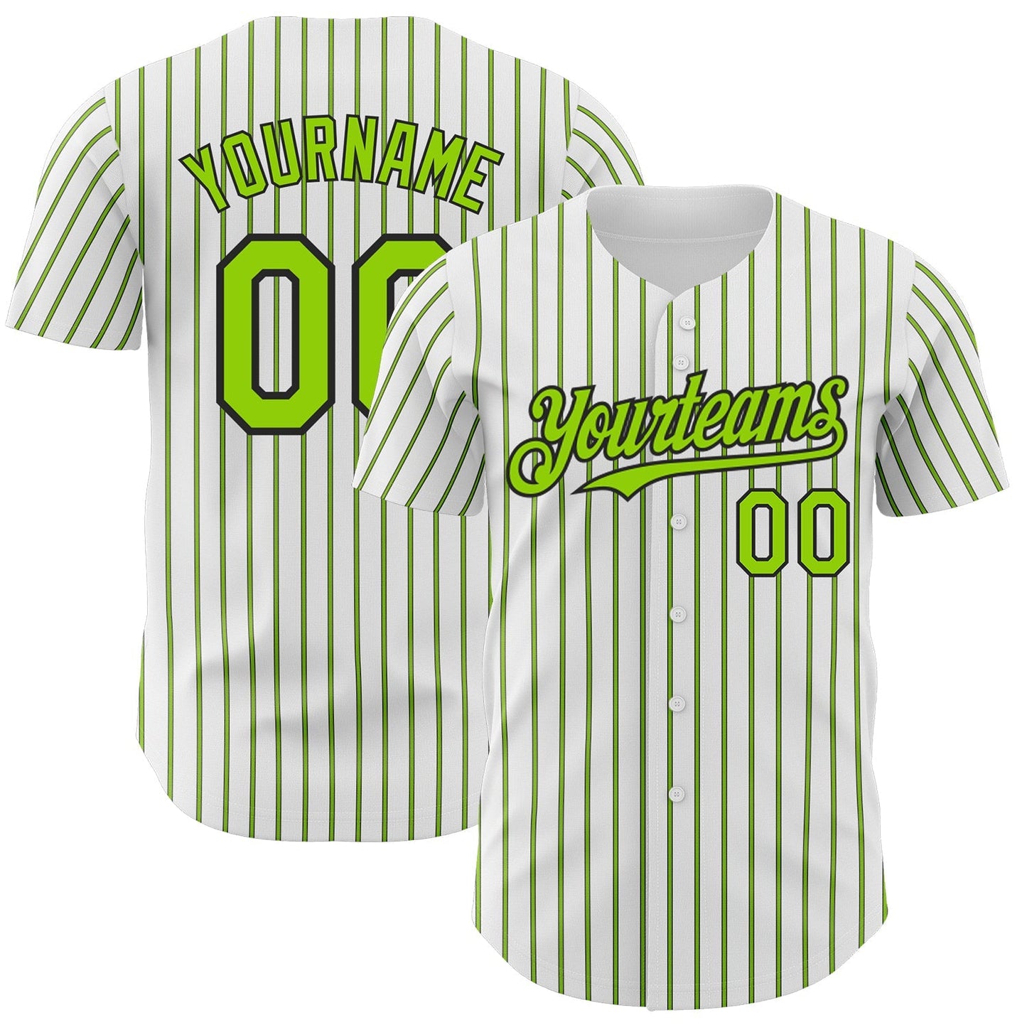 Custom White (Black Neon Green Pinstripe) Neon Green-Black Authentic Baseball Jersey baseball jersey product view 1