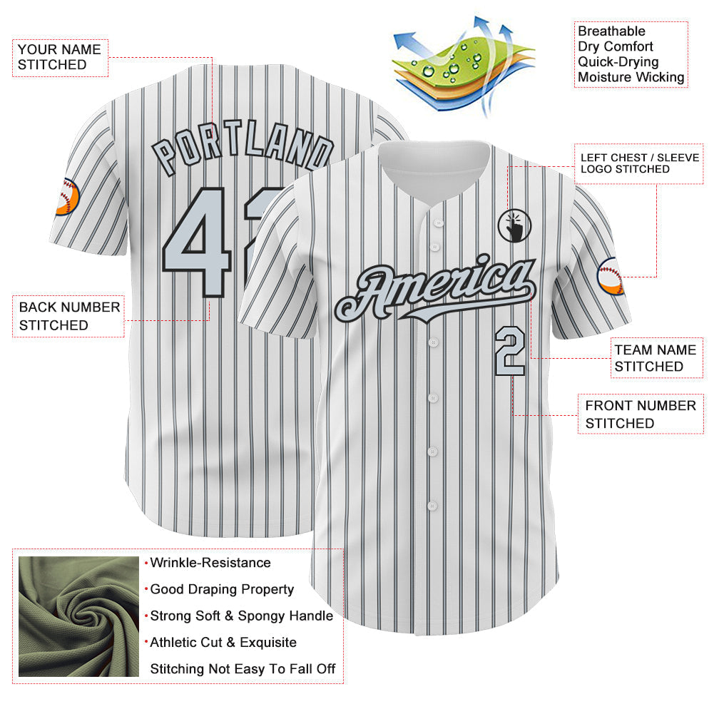 Custom White (Black Silver Pinstripe) Silver-Black Authentic Baseball Jersey baseball jersey product view 3