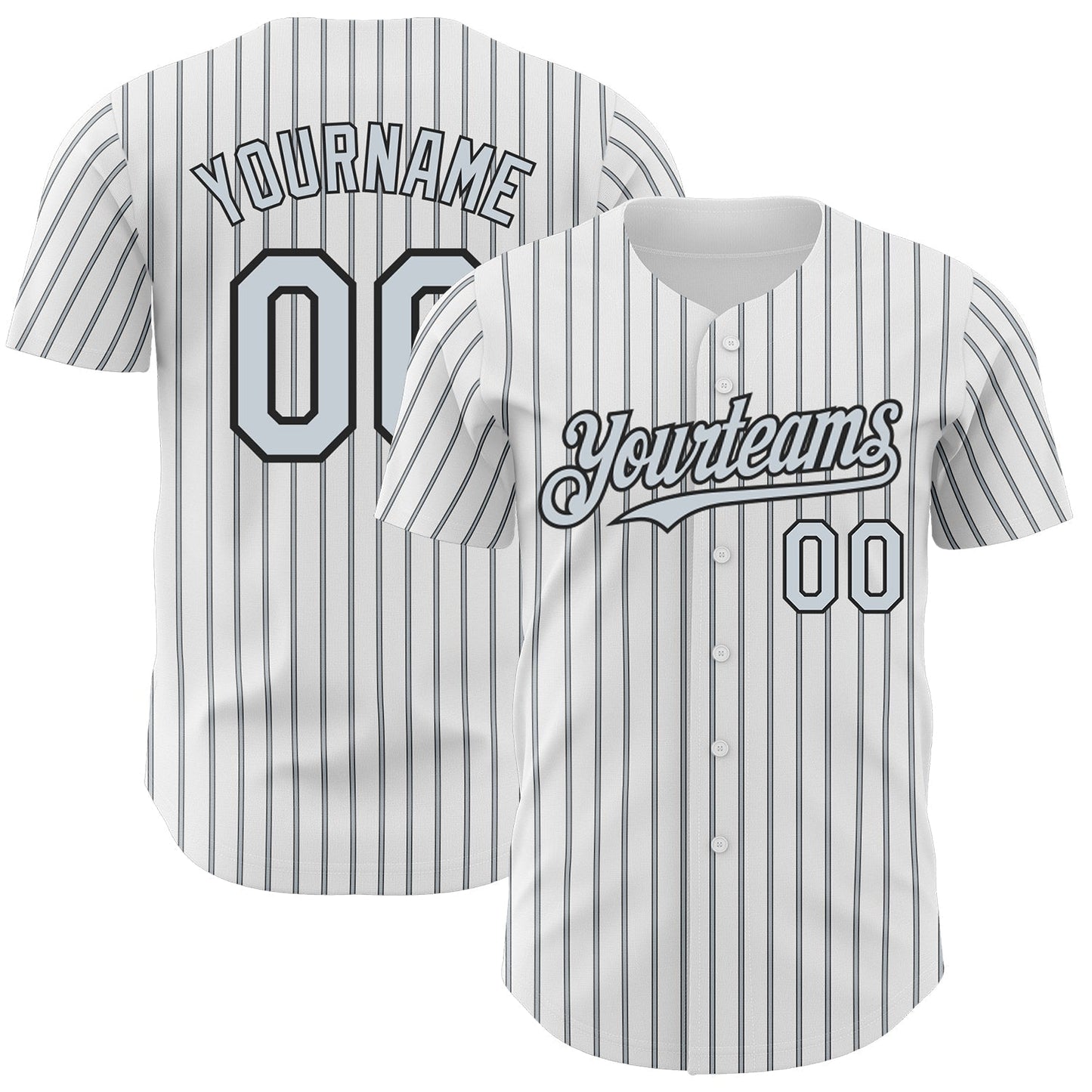 Custom White (Black Silver Pinstripe) Silver-Black Authentic Baseball Jersey baseball jersey product view 1