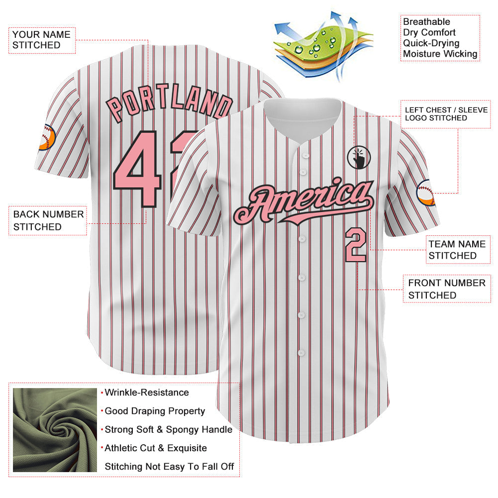 Custom White (Black Medium Pink Pinstripe) Silver-Black Authentic Baseball Jersey baseball jersey product view 3