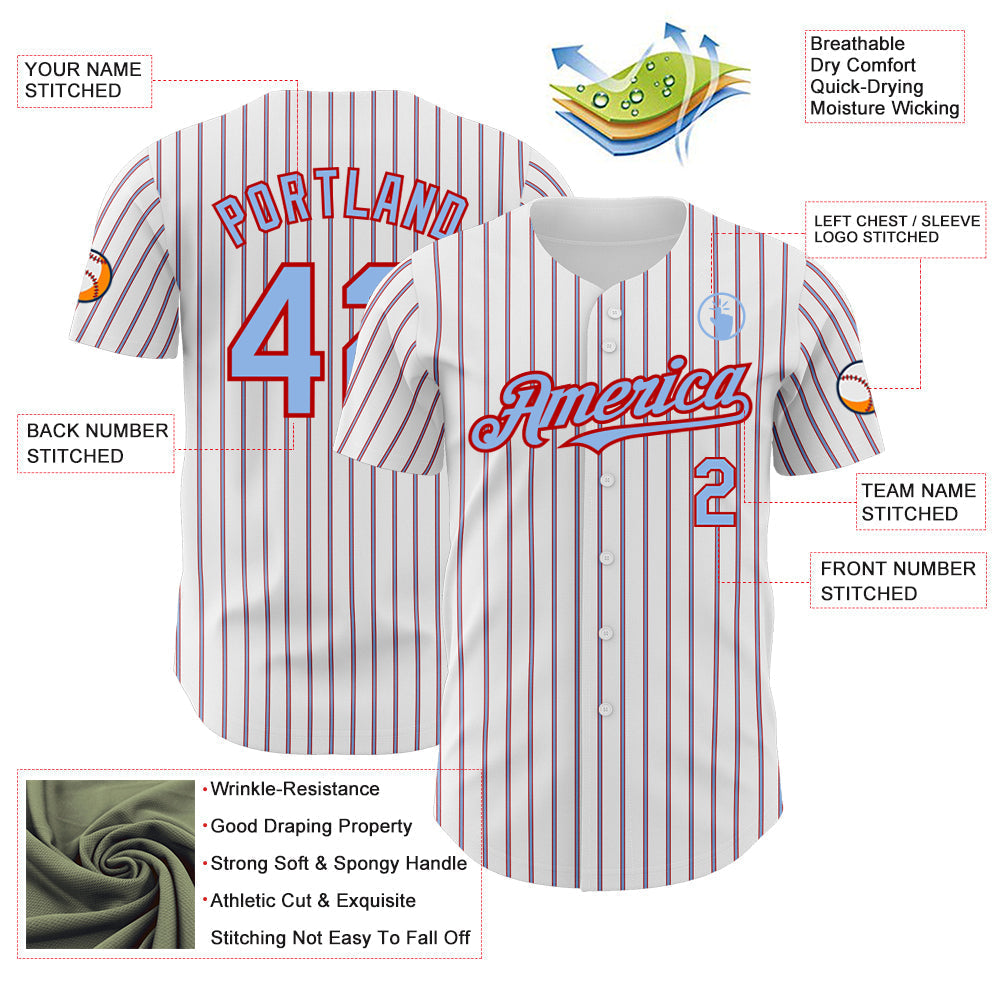 Custom White (Red Light Blue Pinstripe) Light Blue-Red Authentic Baseball Jersey baseball jersey product view 3