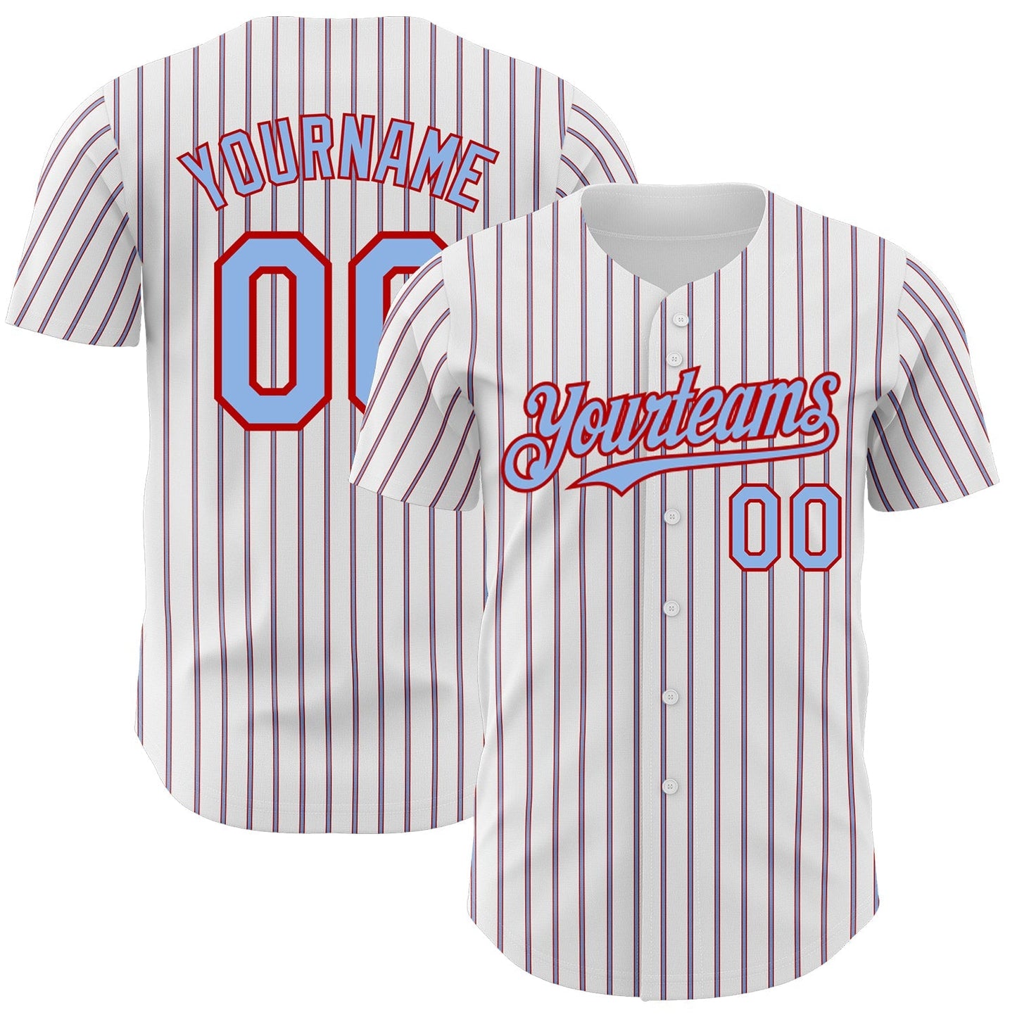 Custom White (Red Light Blue Pinstripe) Light Blue-Red Authentic Baseball Jersey baseball jersey product view 1